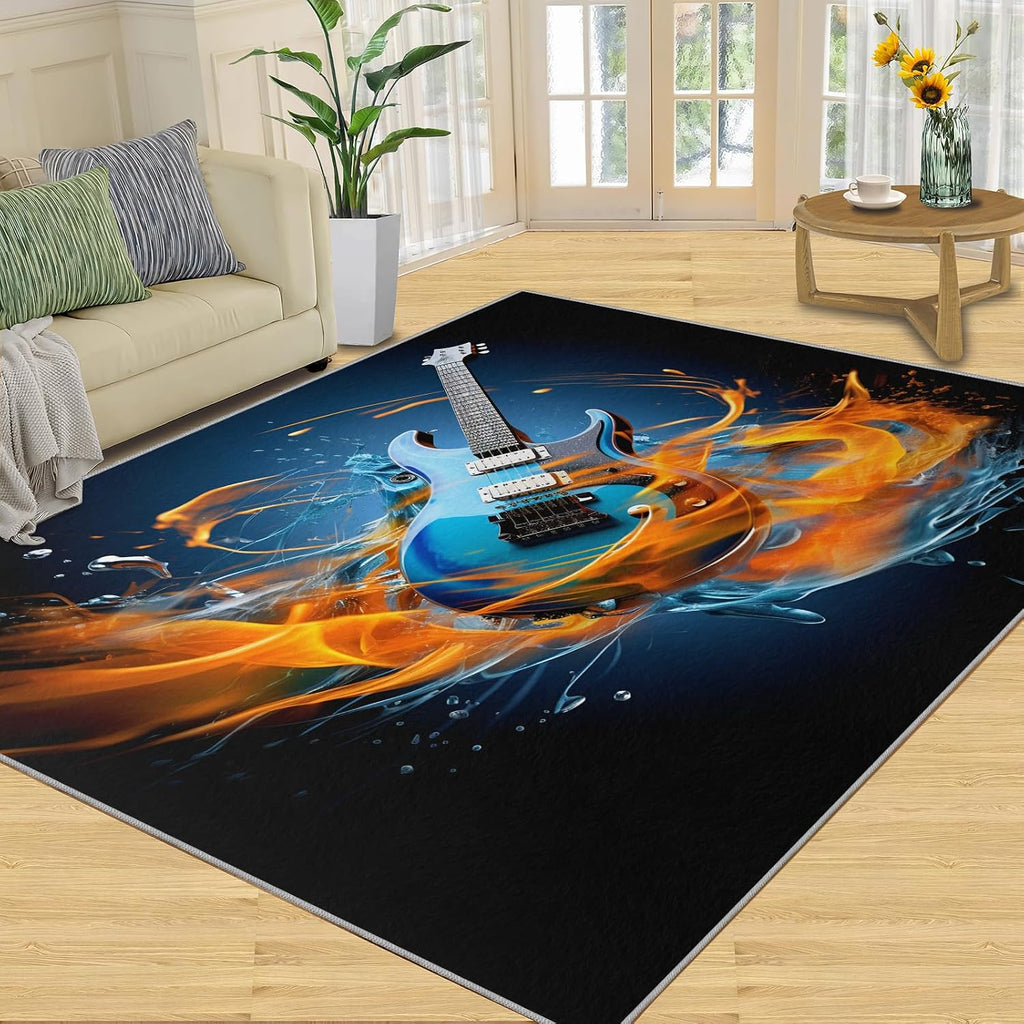 Guitar Rugs for Music Room - 5x7 Rug, Music Home Decor, Boys Musical Washable Rugs for Living Room Bedroom, Blue Area Rug, Rock and Roll Carpet, Electric Guitars Gifts for Men