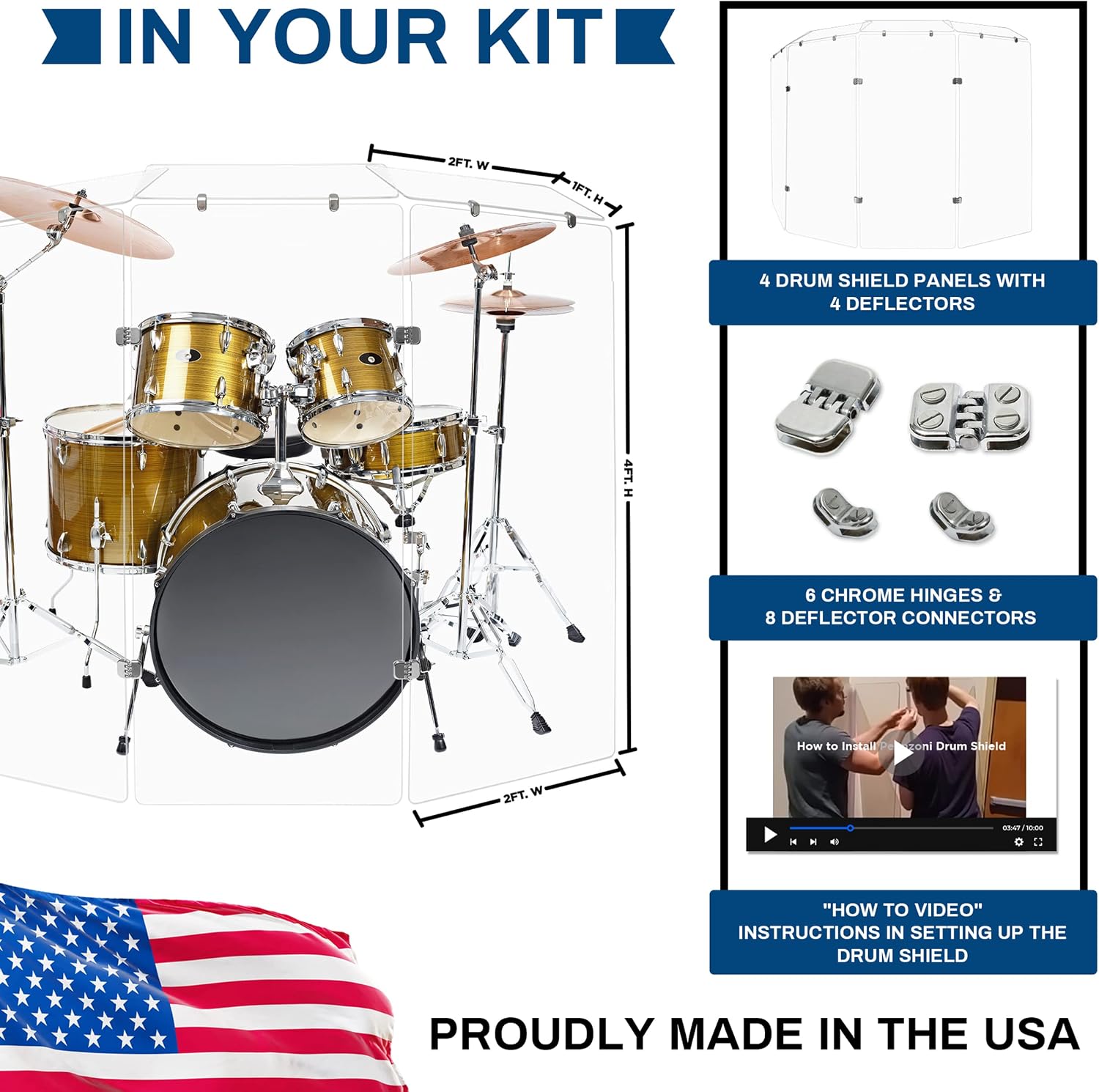 PENNZONI Drum Shield 4ft w/Deflectors & Chrome Hinges, Comes w/ 4 Drum Panels, 4 Deflectors, Chrome Hinges & Deflectors Connectors, Premium Clear Acrylic Panels