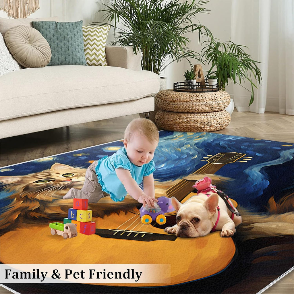 6x9 Area Rugs - Starry Sky Guitar Cat Rugs for Living Room, Post-Impressionist Art Painting Classroom Rug for Carpet Boy Bedroom Office Nursery Hardwood Home Decor