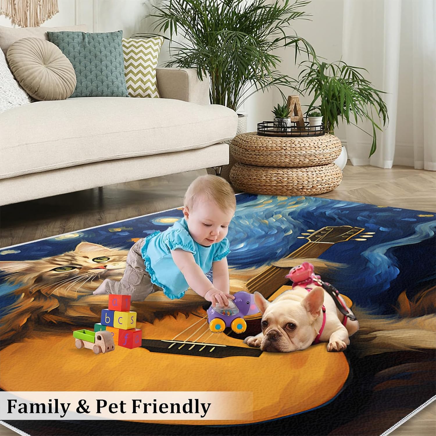 6x9 Area Rugs - Starry Sky Guitar Cat Rugs for Living Room, Post-Impressionist Art Painting Classroom Rug for Carpet Boy Bedroom Office Nursery Hardwood Home Decor