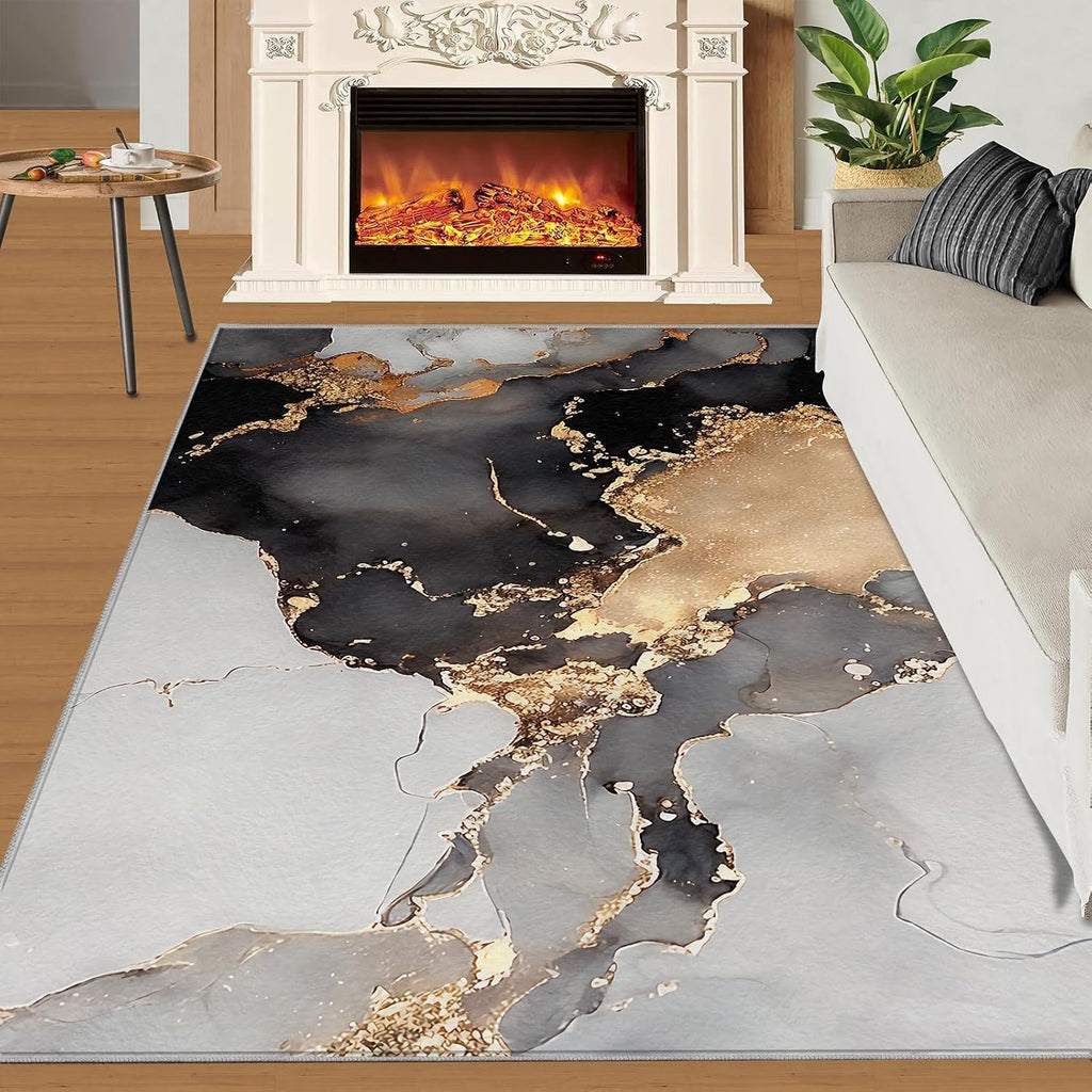 6x8 Rug Grey Marble Indoor Carpet, Luxury Gold Texture Decorative Carpet Non-Slip Large Area Easy to Clean, Suitable for Kids Boys Girls Living Room Bedroom Game Room