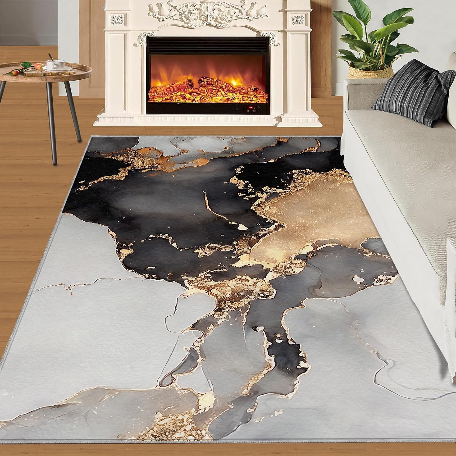 6x8 Rug Grey Marble Indoor Carpet, Luxury Gold Texture Decorative Carpet Non-Slip Large Area Easy to Clean, Suitable for Kids Boys Girls Living Room Bedroom Game Room