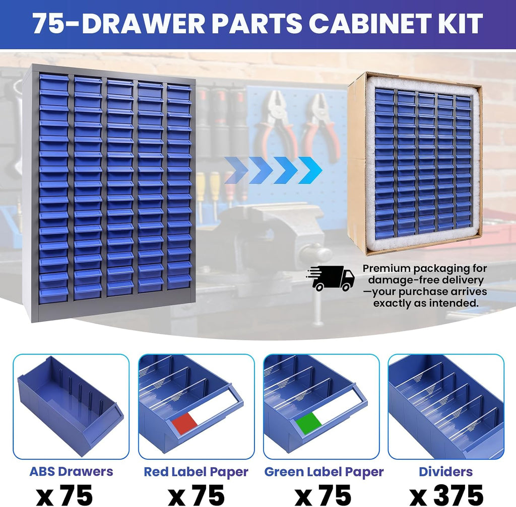 75-Drawer Tool Cabinet & Metal Storage Cabinet - Versatile Parts Organizer Cabinet with Anti-Drop Design, Nut and Bolt Storage Organizer & Bolt Bin with ABS Drawers, for Garage, Workshop & Home