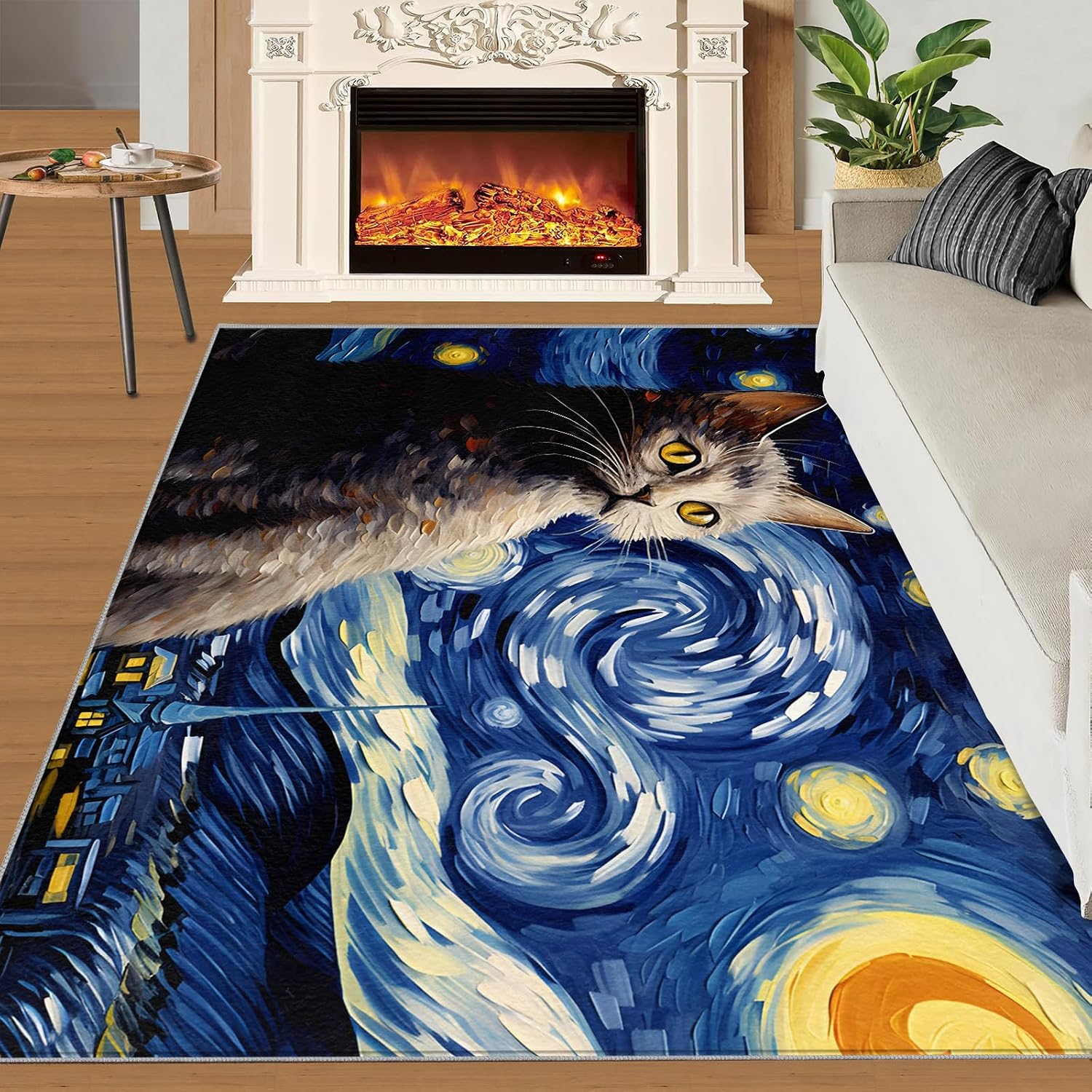6x8 Area Rug - Starry Sky British Shorthair Cat Large Rugs for Living Room, Post-Impressionist Art Painting Carpet Area Rug for Girls Bedroom Kids Room Basement Office Classroom