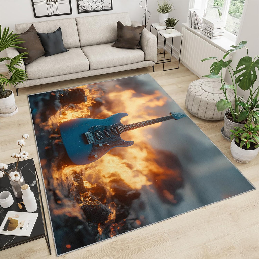 Guitar Rugs for Music Room - Boys Musical Rug, 6x8 Rug, Music Washable Rugs for Living Room Bedroom, Burning Area Rug, Rock and Roll Carpet - Home Decor, Electric Guitars Gifts for Men