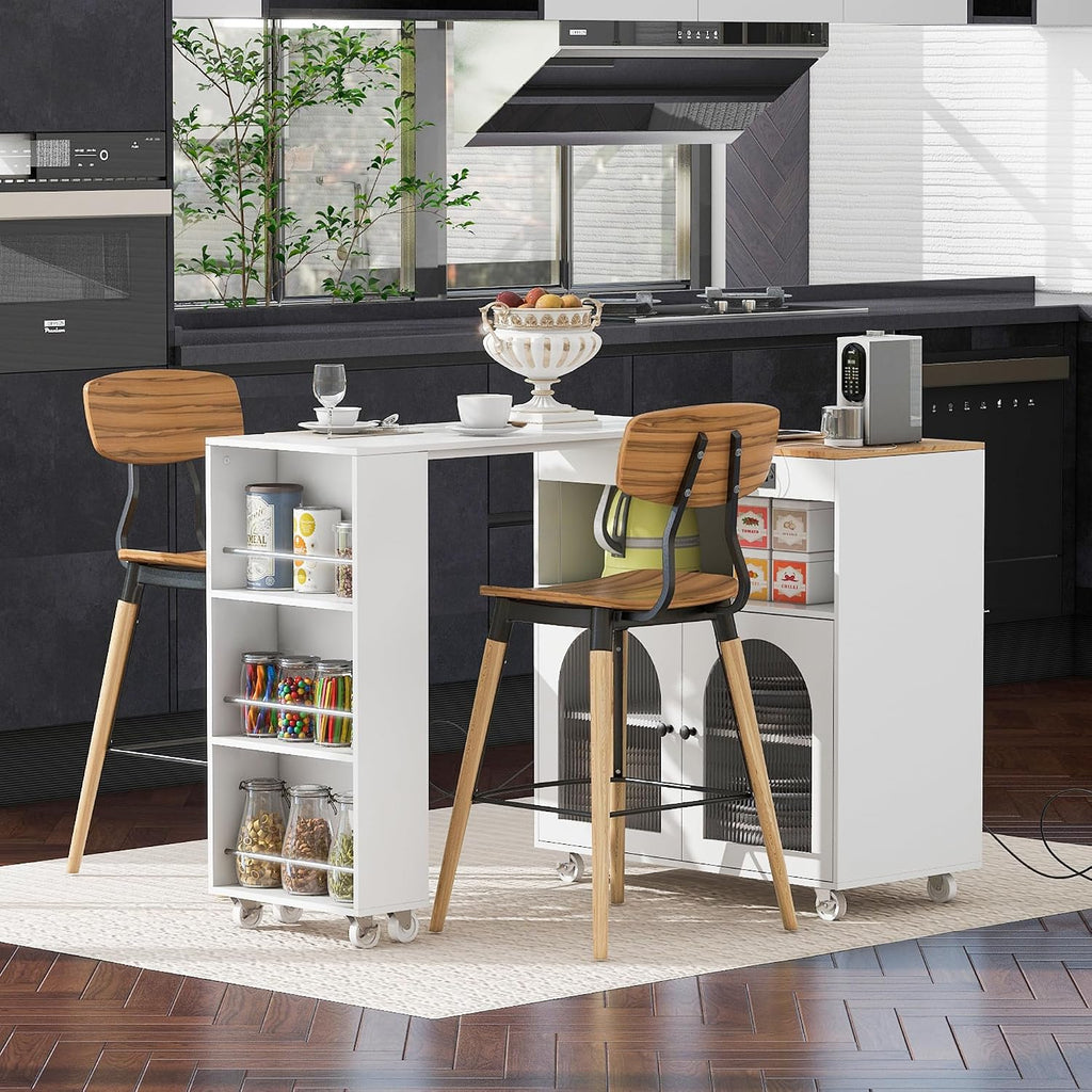Merax Kitchen Island with Extended Table, Rolling Kitchen Islands Cart with LED Lights, Power Outlets, 2 Fluted Glass Doors, Storage Compartment, and Side 3 Open Shelves (White)