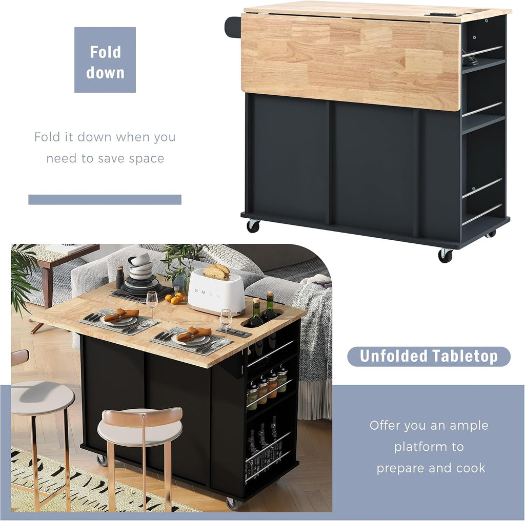 Merax 40' Width Kitchen Island with Storage, Rolling Kitchen Islands Cart with Power Outlet & Open Storage Shelves, Drop Leaf, Rubberwood Top, Lockable Wheels, Wine Rack, Towel Rack (Black)