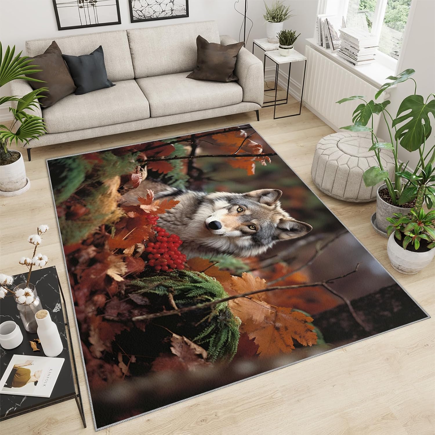 3D Wolf Rug for Kids Room - 6x8 Large Rug, Wild Animal Rugs for Bedroom Autumn Forest Wolf Area Rugs for Living Room Home Decor Washable Rug