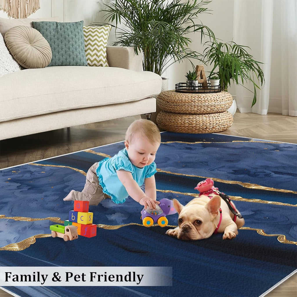 Navy Blue Marble Texture Area Rug, Luxurious Ink Gilt Stripes Large Rugs, Indoor Non-Slip Kids Rugs, for Room Sofa Living Room Mat Bedroom Home Decor Floor Mats,6 x 8ft