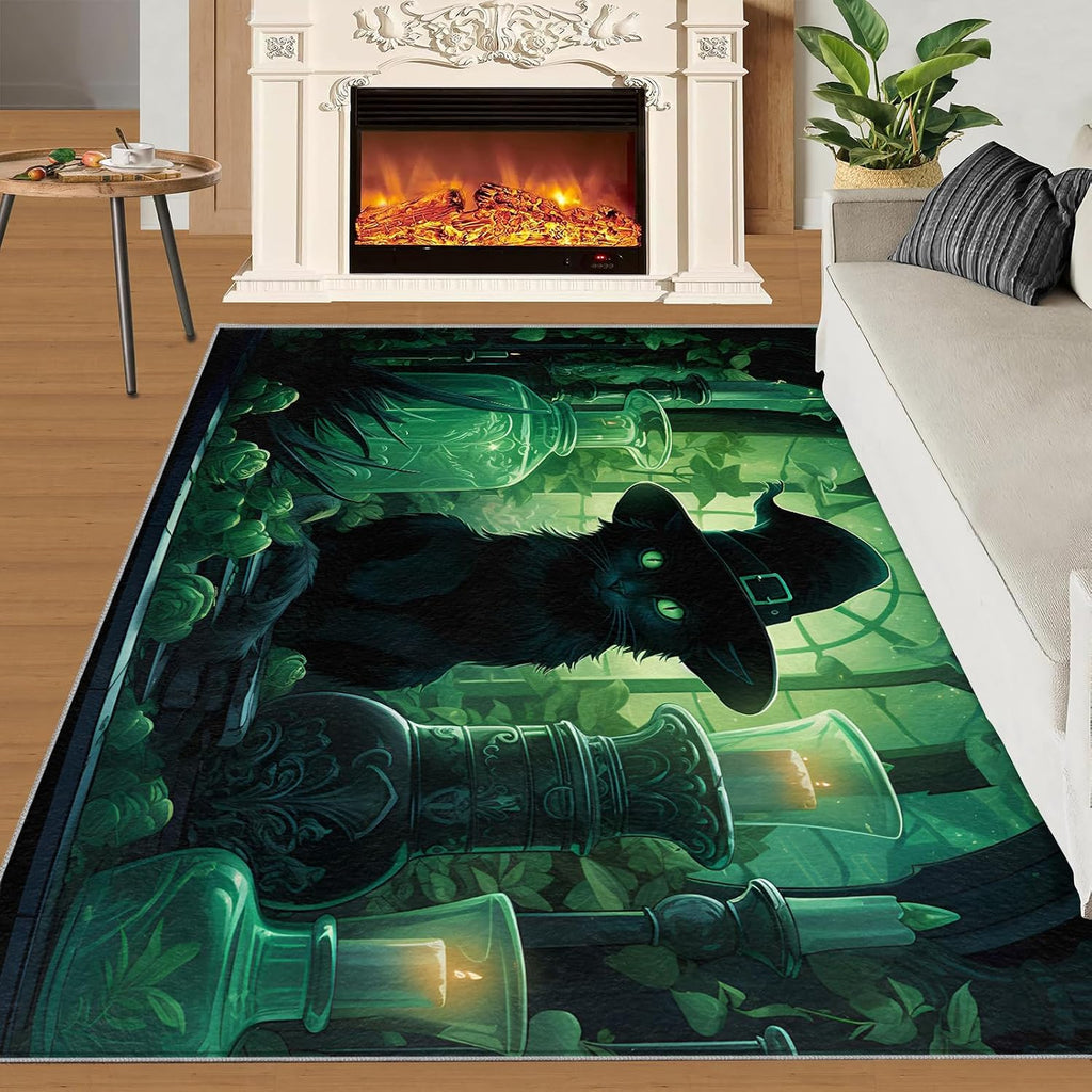 Black Cat in The Forest Rug for Kids Room - 6x8 Large Rug, Magic Witch Cat Rugs for Bedroom Fantasy Forest Area Rugs for Living Room Home Decor Washable Rug