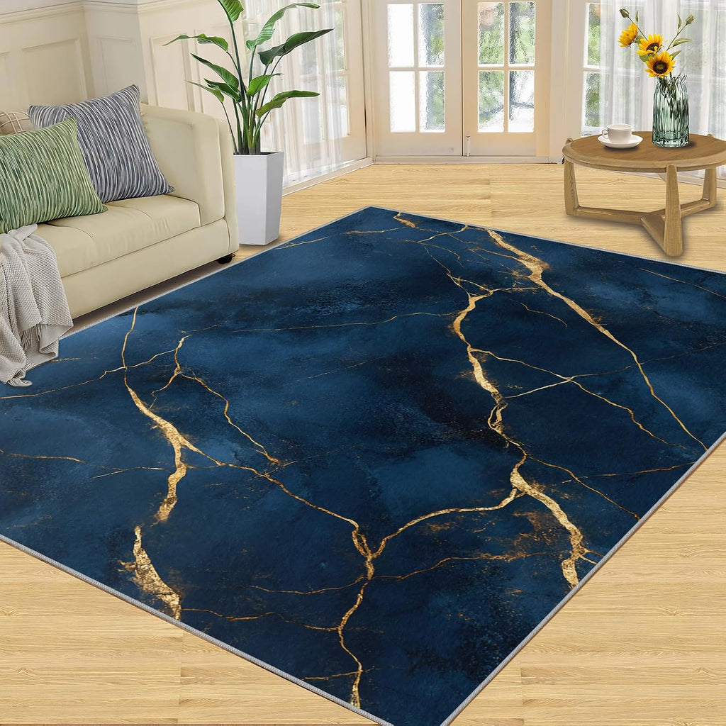 Blue Gold Marble Rug 6x8-6x8 Rug, Modern Art Area Rugs for Living Room Bedroom, Abstract Area Carpet, European Style Washable Carpet, Marble Home Decor & Gifts