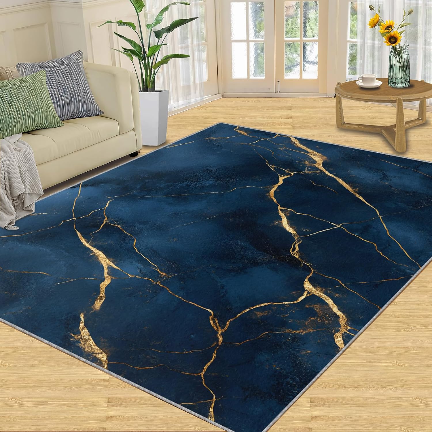 Blue Gold Marble Rug 6x8-6x8 Rug, Modern Art Area Rugs for Living Room Bedroom, Abstract Area Carpet, European Style Washable Carpet, Marble Home Decor & Gifts