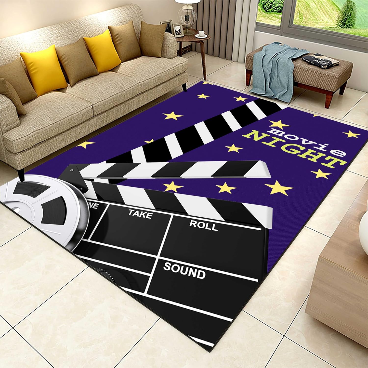 Movie Clapboard Area Rug,6x8ft,On Purple Background Have Film Reel Pattern Rug,for Boys Teens, Vintage Film Clapper Theme Non Slip Carpet, Home Theater Movie Theater Cinema Decorative Rug