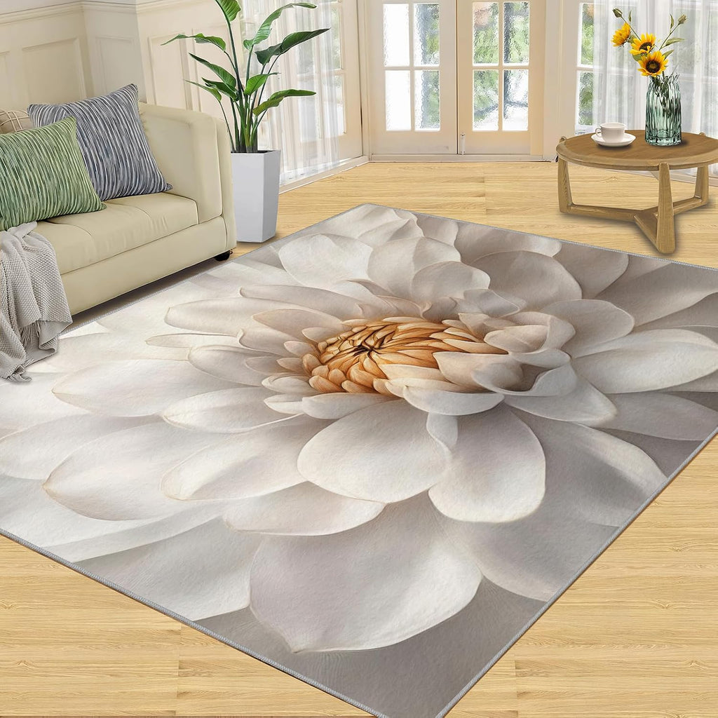 Dahlia Area Rug Large - 6x8 Rug, Floral Rugs for Living Room, White Flower Carpet, Modern Floral Washable Area Rugs for Bedroom, Aesthetic Carpet, Dahlia Home Decor