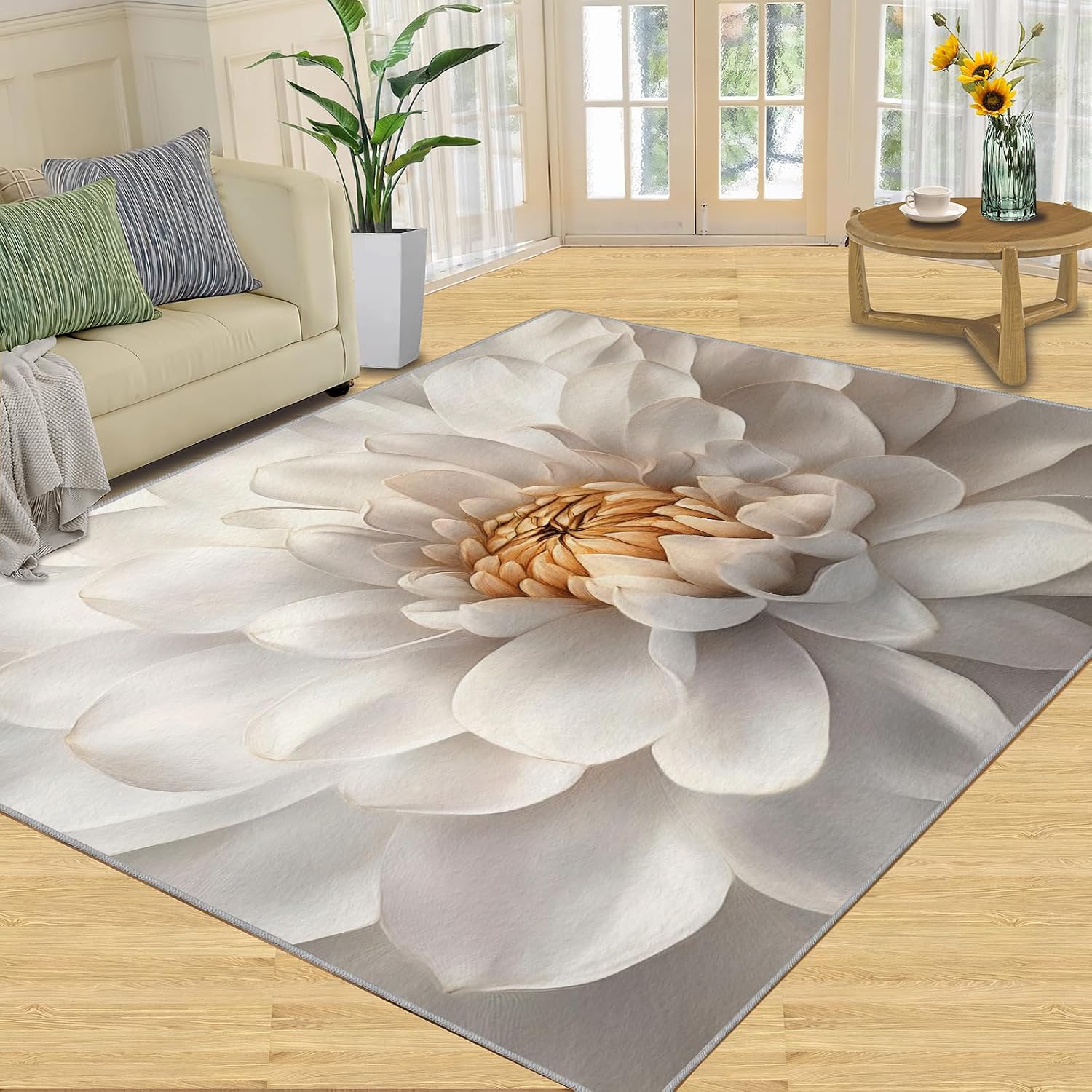 Dahlia Area Rug Large - 6x8 Rug, Floral Rugs for Living Room, White Flower Carpet, Modern Floral Washable Area Rugs for Bedroom, Aesthetic Carpet, Dahlia Home Decor