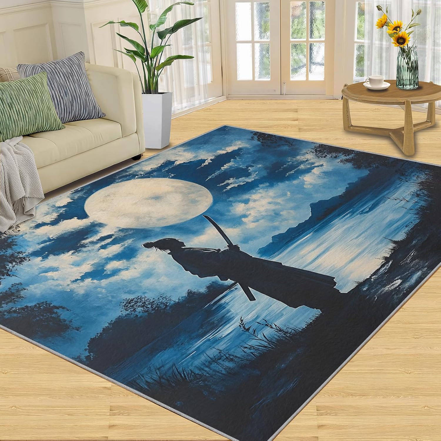 Japanese Rug 6x8-6x8 Rug, Samurai Area Rugs for Living Room Bedroom, Katana Rugs, Dark Style Washable Carpet, Anime Style Carpet, Asian Home Decor & Gifts
