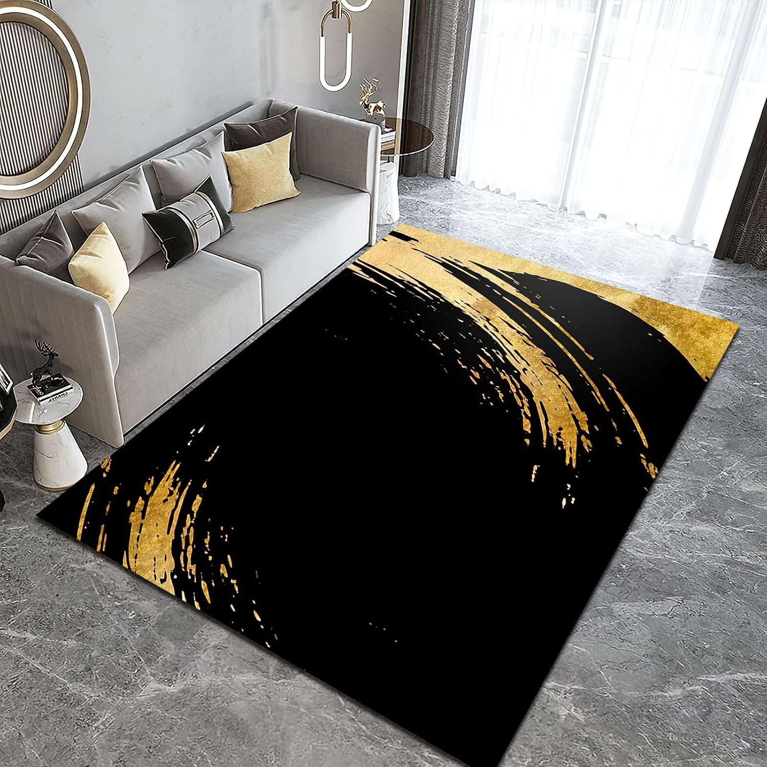 6x8 Rug Abstract Golden Stripes Indoor Non-Slip Kids Rug, Black and Gold Graffiti Art Upholstery Rug with Non-Slip Backing for Kids Boys Girls Bedroom Living Room Dining Room Study