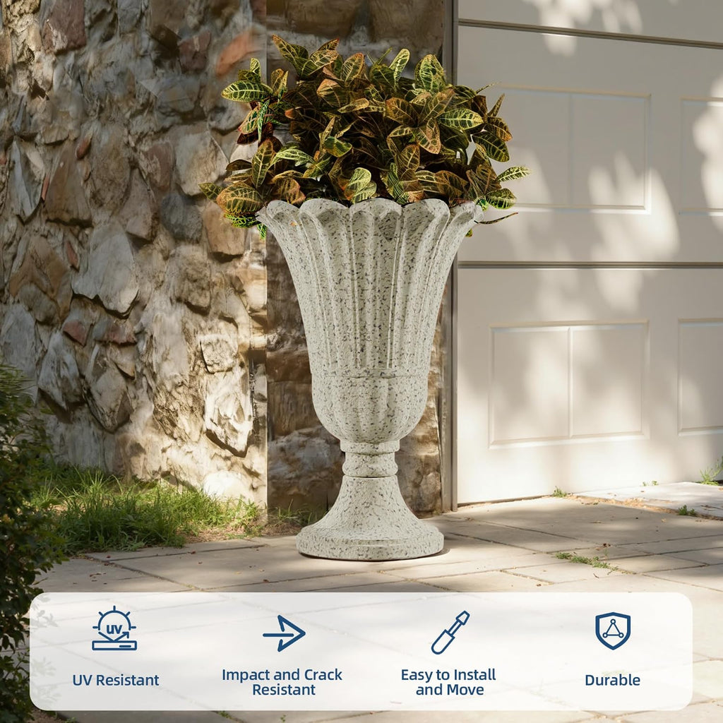 Plastic Urn Planters Set of 2, 23.6' Tall Pedestal Planter with Drainage Holes, Vintage Petal Garden Planter Urns for Front Porch, Large Plant Urns Outdoor & Indoor Flower Pots, Beige