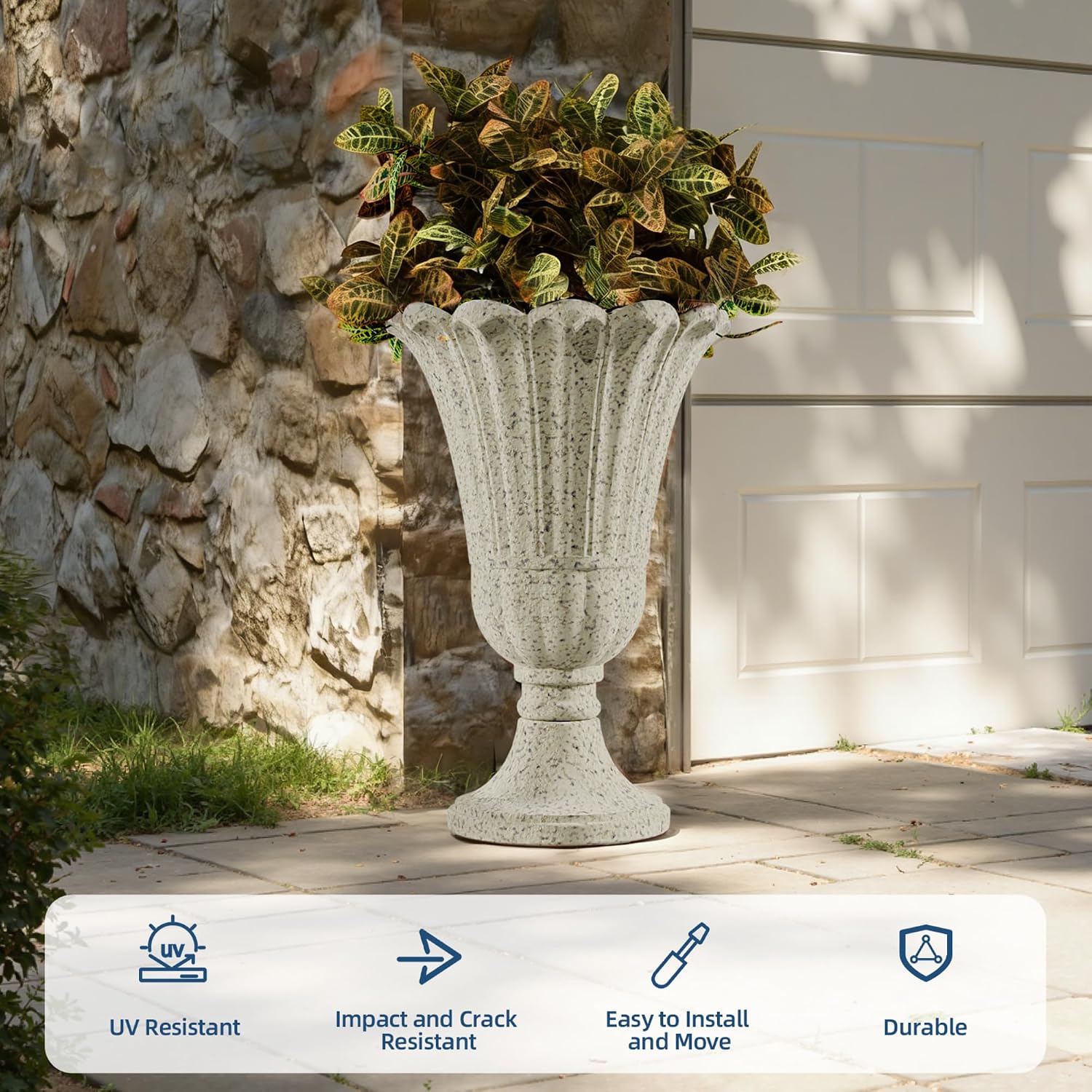Plastic Urn Planters Set of 2, 23.6' Tall Pedestal Planter with Drainage Holes, Vintage Petal Garden Planter Urns for Front Porch, Large Plant Urns Outdoor & Indoor Flower Pots, Beige