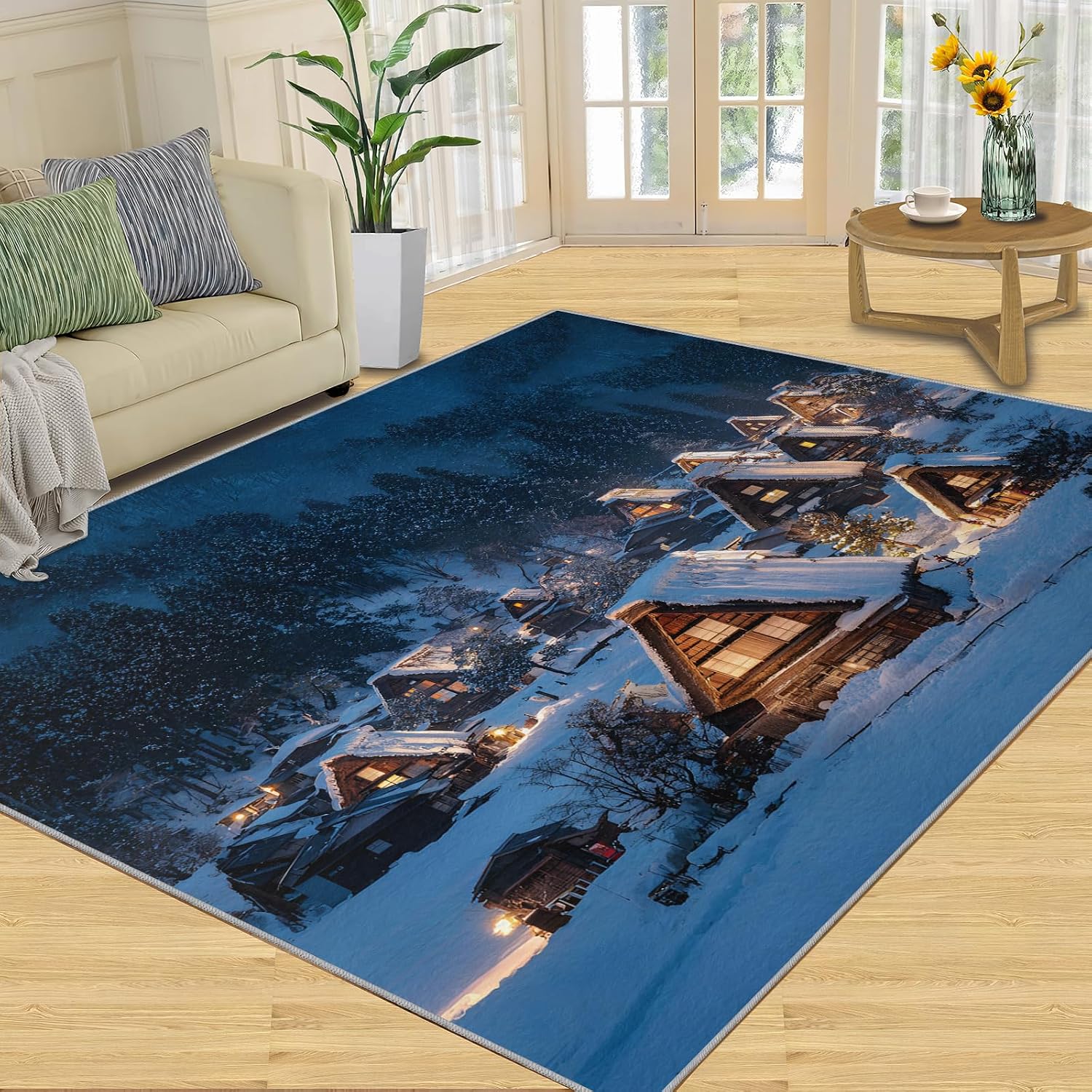 Fairytale Forest Rugs for Bedroom, Winter Snow Scene Rug 6x8, Village Night View Dining Room Rugs Washable & Non Slip Large Carpet for Home Decor