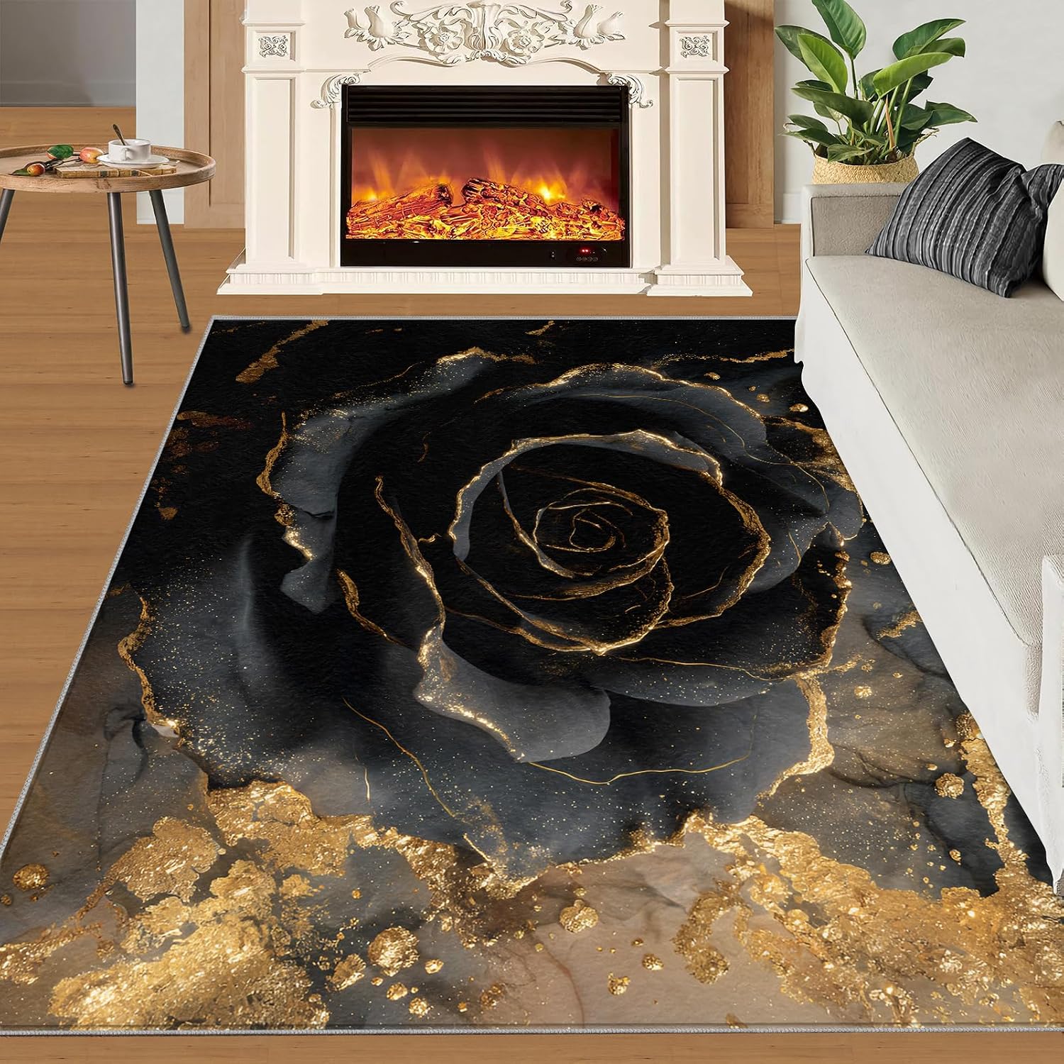 Florals Rugs for Bedroom, Flowers Rug 6x8, Luxury Roses Dining Room Rugs Washable & Non Slip Large Carpet for Home Decor