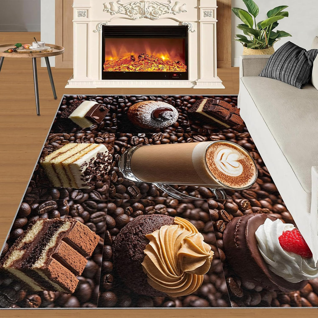Coffee Rug 6x8, Cake Area Rug, Coffee Shop Rugs for Living Room, Washable Rugs for Bedroom, Non Slip Low Pile Floor Mats