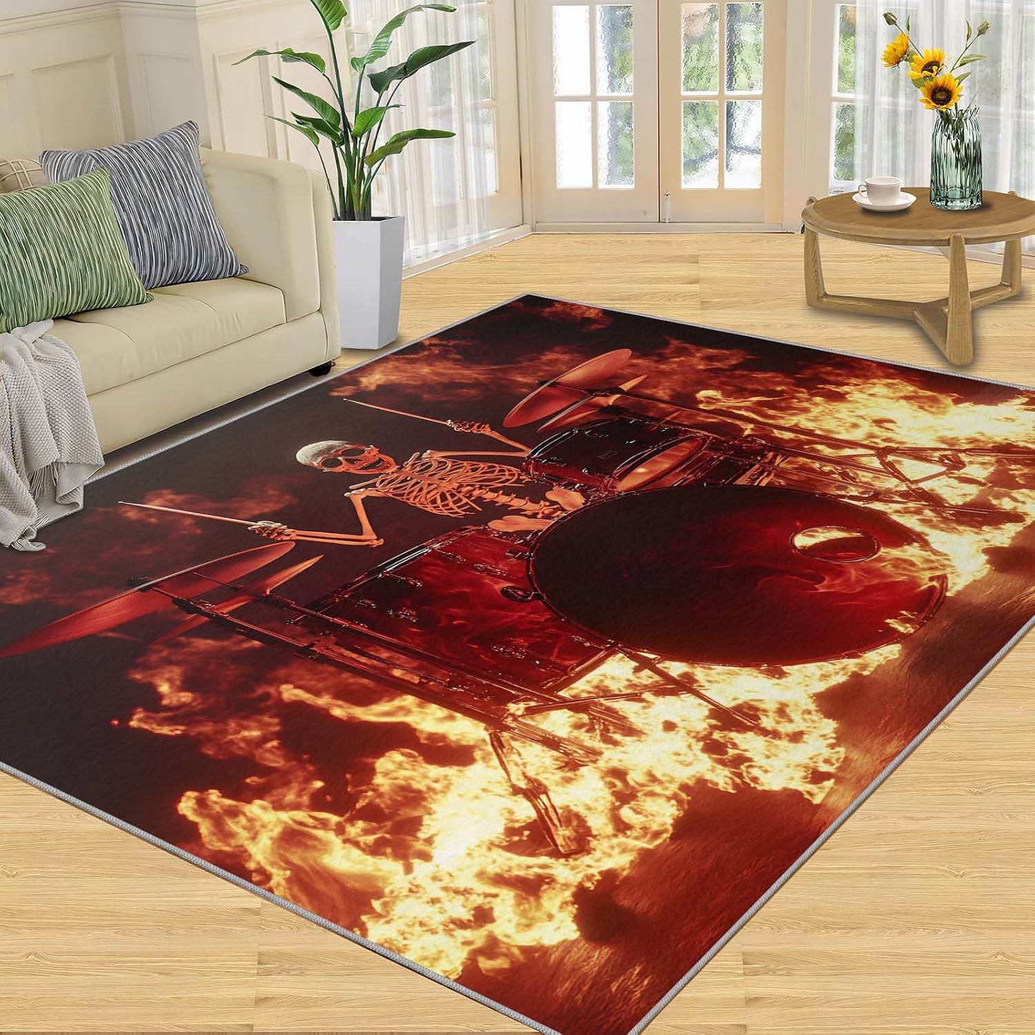 Guitar Rug & Home Decor - Flame Rugs for Living Room, Boys Cool Washable Rugs for Bedroom, Rock and Roll Carpet, Non Slip Indoor Guitar Area Rug & Music Room Decor 6x8 ft