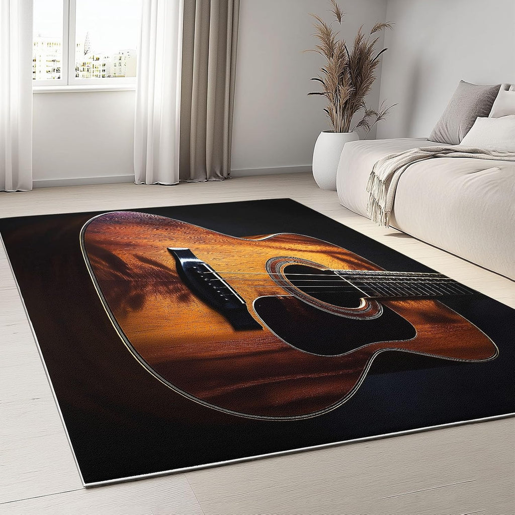 Washable Area Rugs 5x7 ft Musical Instrument Guitar Black Living Room Rug Non-Slip Indoor Floor Carpet for Bedroom Nursery Kids Playroom Office Dining Room Home Decor