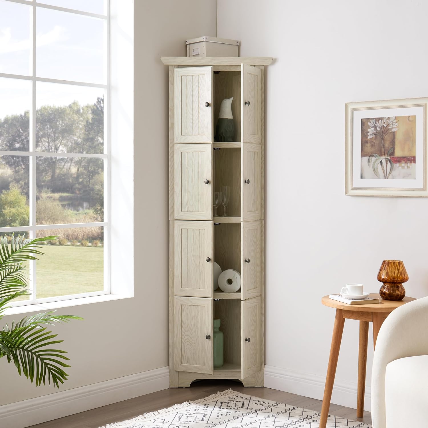 72' Sturdy Freestanding Storage Cabinet, Kitchen Storage Bakers Rack with Tiered Shelves, Utility Food Cupboard with Spacious Doors for Kitchen, Bathroom, Living Room, White