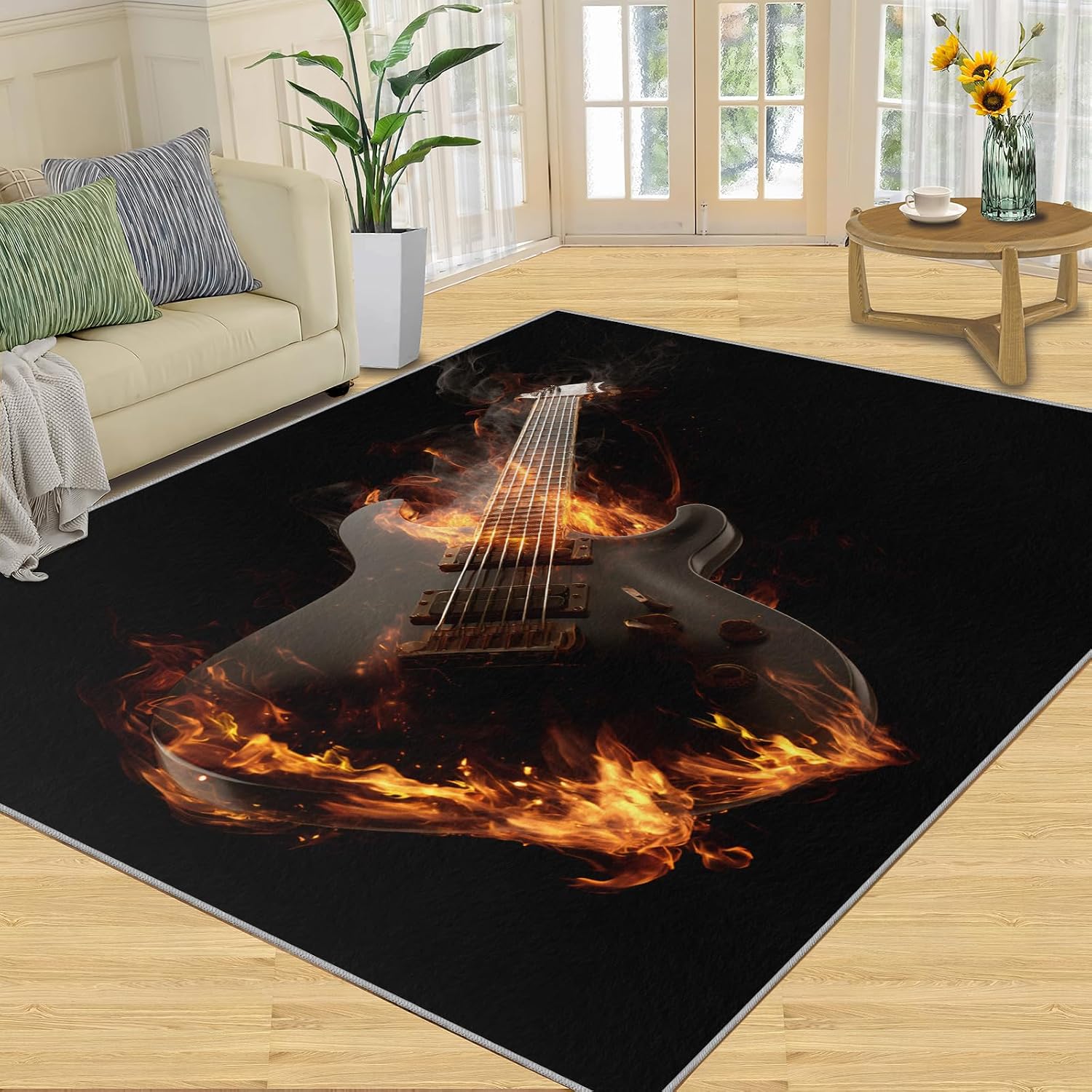 Guitar Area Rug - Musical Instrument Guitar Home Decor Rug - Music Bedroom Rugs, Indoor Non Slip Carpet for Music Classroom Studio Band 6x8ft