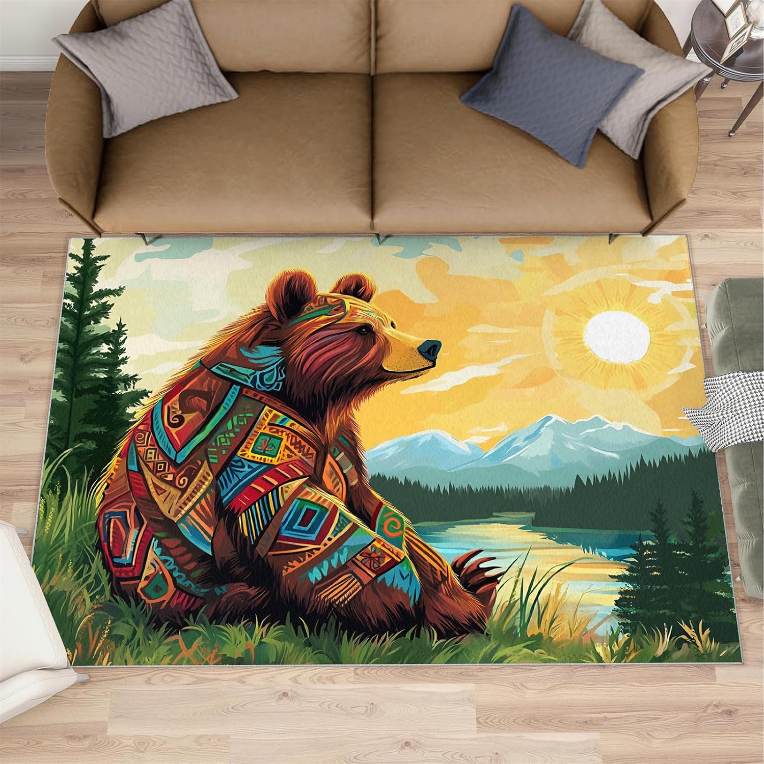 Bear Rugs for Living Room 6x8ft, Aztec Rugs, Western Rug, Decor Carpet for Bedroom Dining Room Non Slip Area Rug
