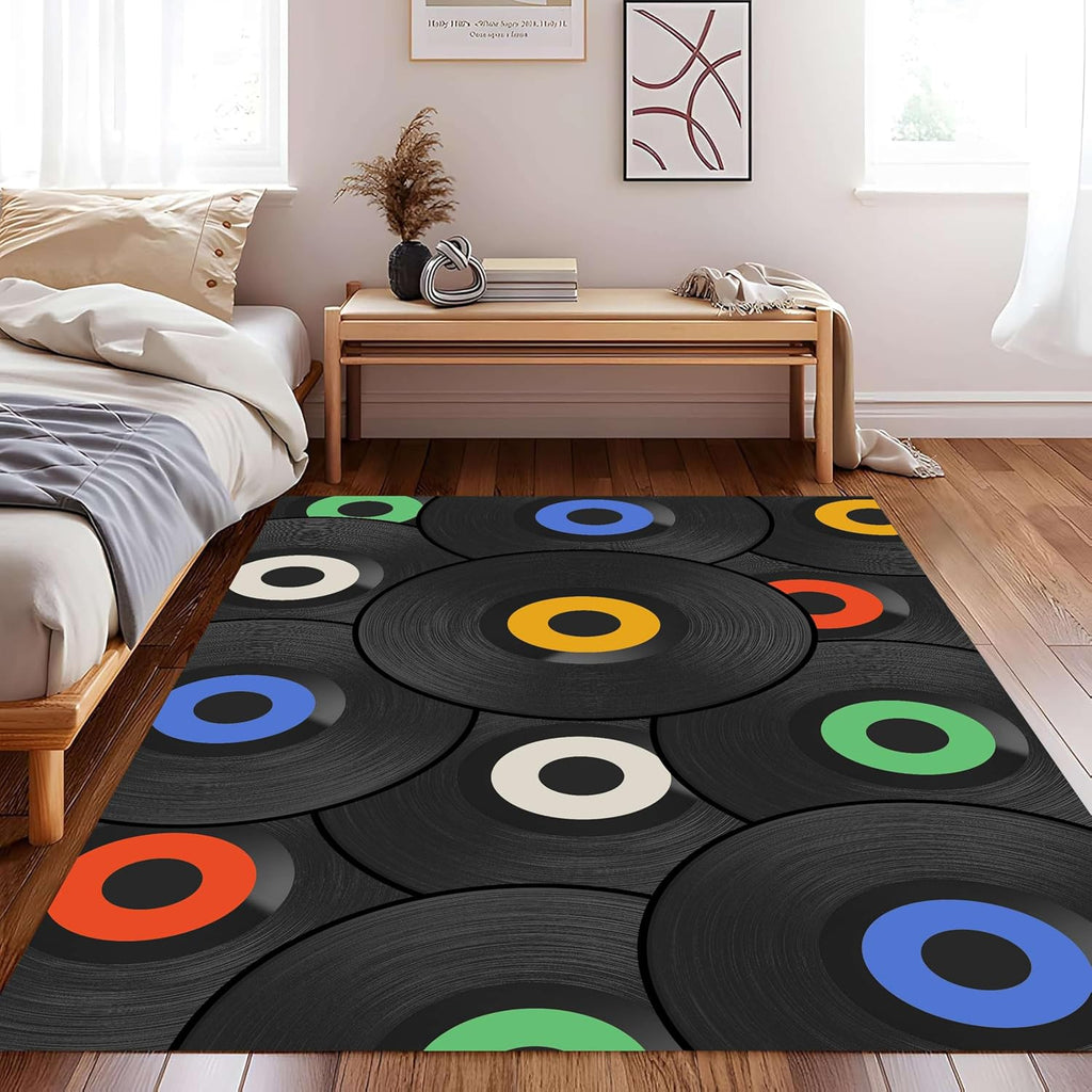 UNREASTO Music Record Area Rug, 6x8ft, Modern Classic Music Vinyl Record Black Rugs for Music Lovers Home Decoration, Non-Slip Washable Rug for Living Room Bedroom Dining Room Music Room Floor Mat