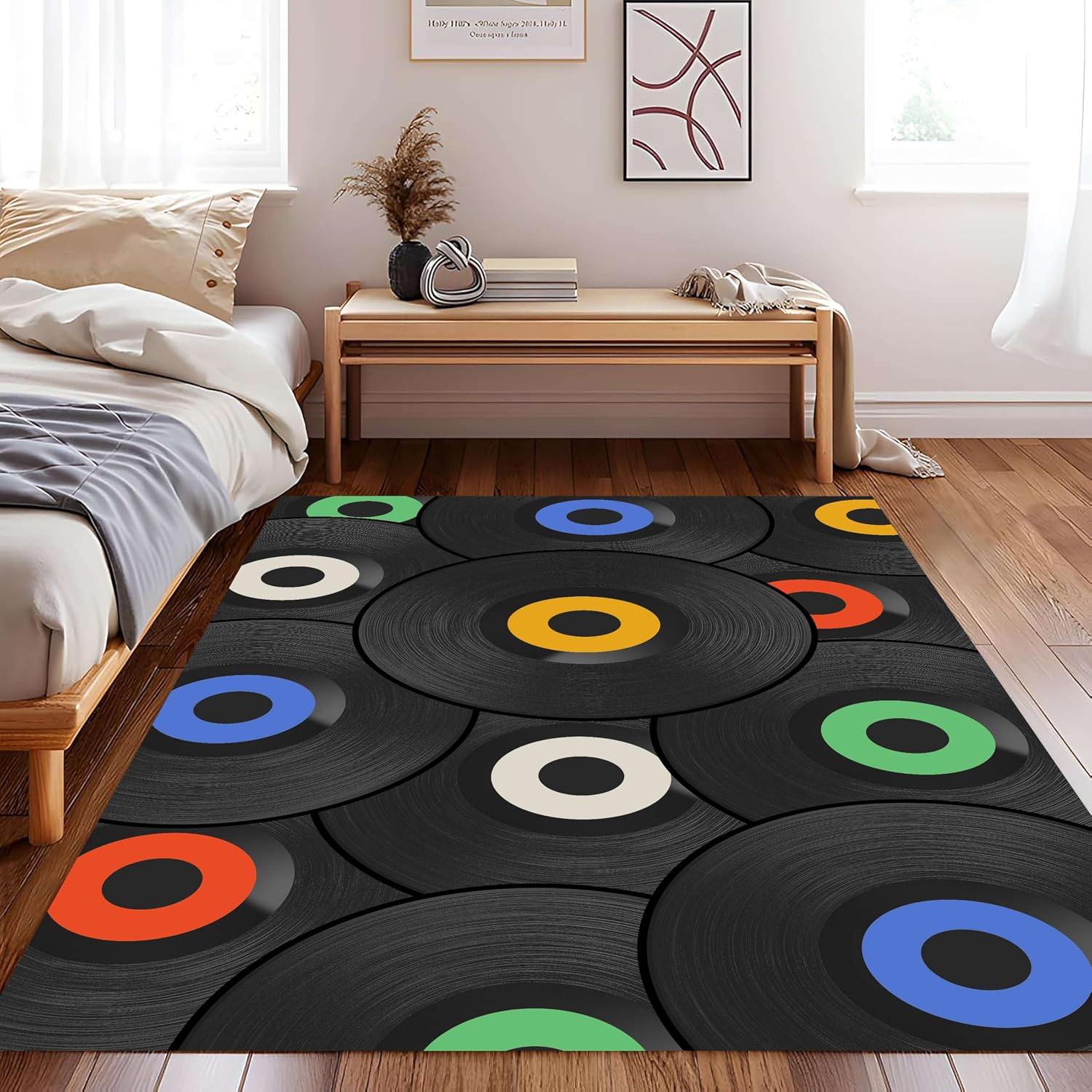 UNREASTO Music Record Area Rug, 6x8ft, Modern Classic Music Vinyl Record Black Rugs for Music Lovers Home Decoration, Non-Slip Washable Rug for Living Room Bedroom Dining Room Music Room Floor Mat