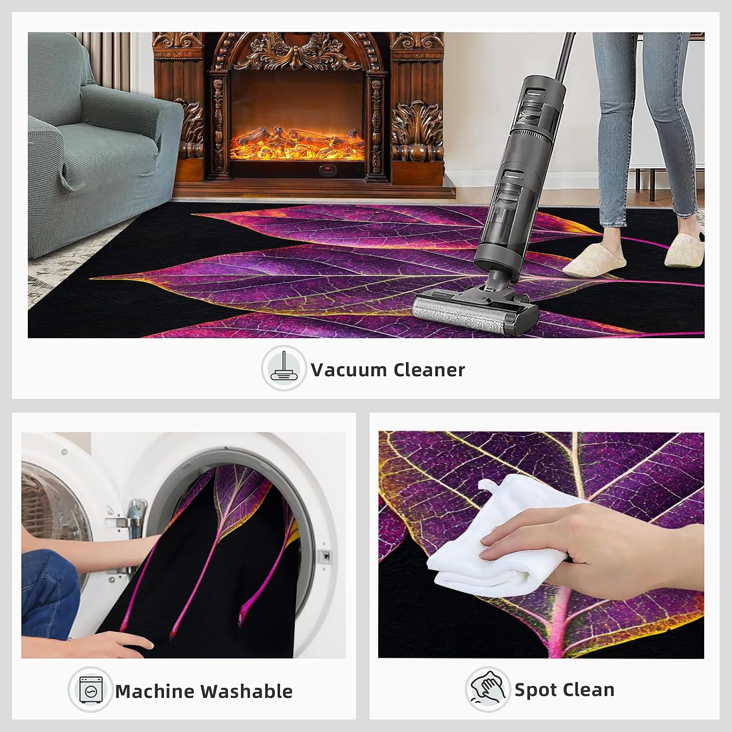 Purple Leaves Rugs for Bedroom - 6x8 Rug, Leaf Area Rugs for Living Room, Botanical Carpet, Plant Washable Mat, Leaf Home Decor & Gifts