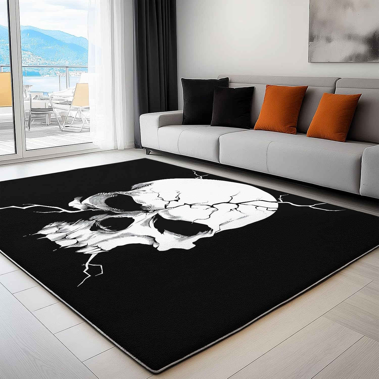 Dark Style Soft Print Area Rug 6' x 8', Minimalist Skull Cracked Skull Print Decor Washable Rug Non Slip Carpet Absorbent Mat for Kitchen Living Room Bedroom Entrance Carpet
