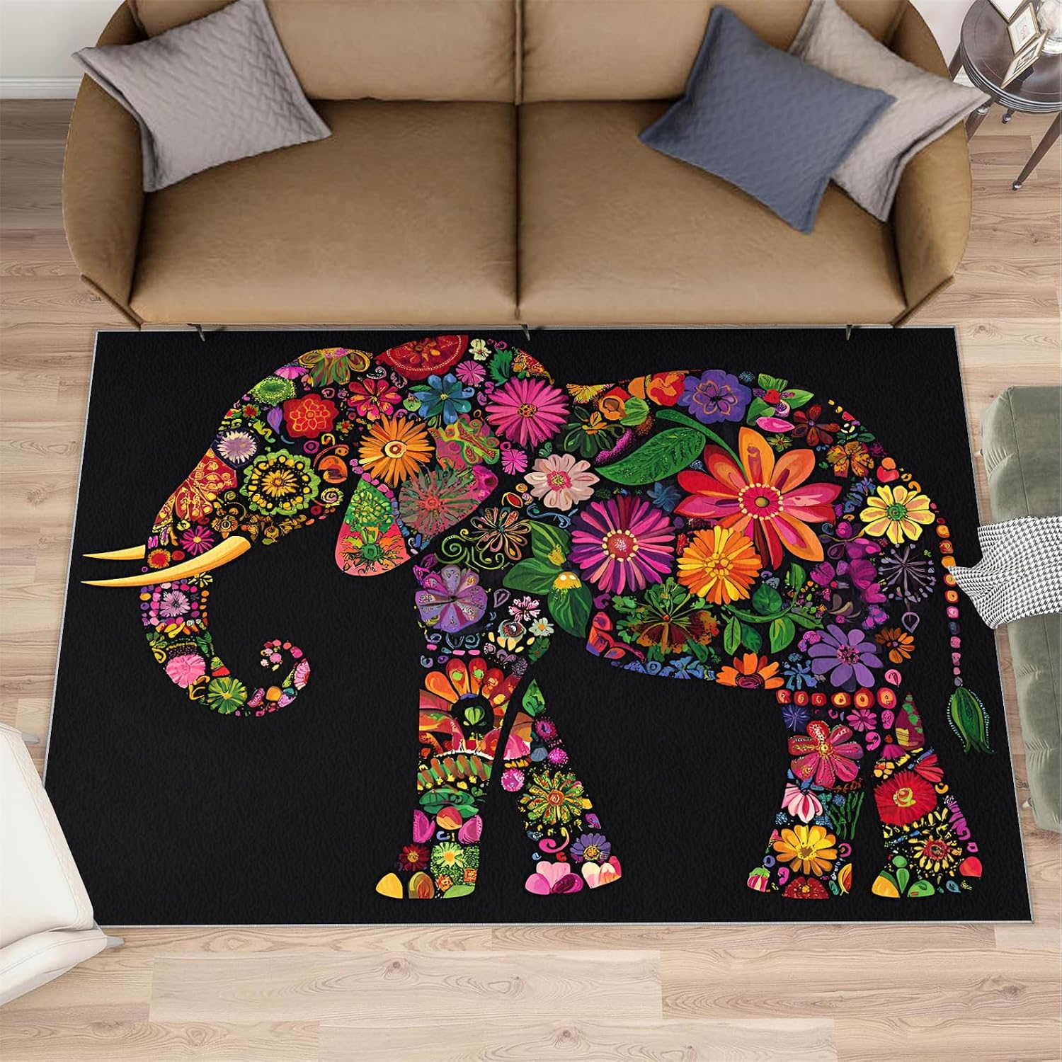 Florals Elephant Area Rug 6x8 - Flowers Elephant Large Rugs for Living Room, Creative Animals Carpet Area Rug for Girls Bedroom Kids Room Basement Office Classroom