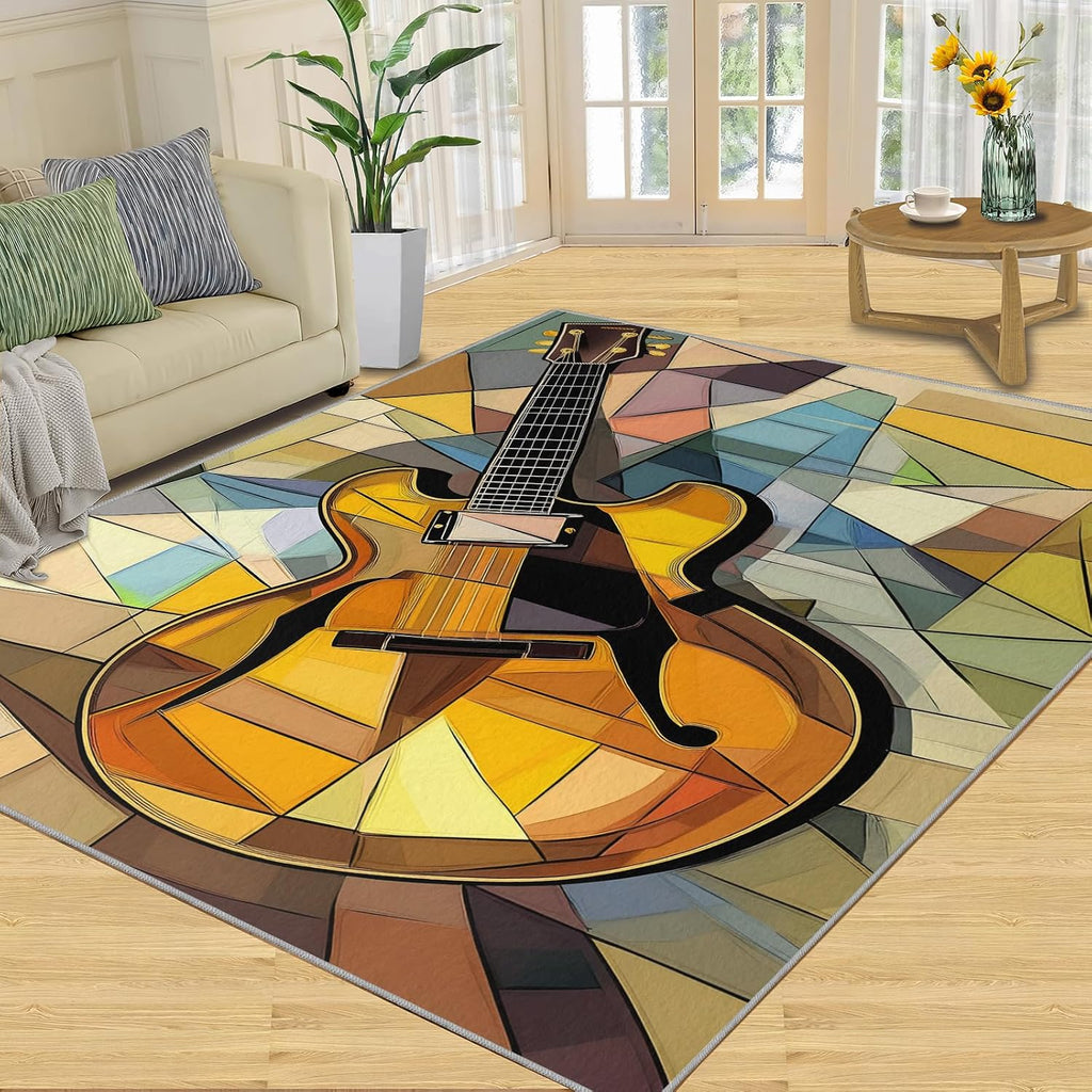 Guitar Area Rug 6x8-6x8 Rug, Abstract Guitars Rugs for Living Room, Boho Geometric Carpet, Musical Washable Area Rugs for Bedroom, Music Carpet, Guitar Home Decor