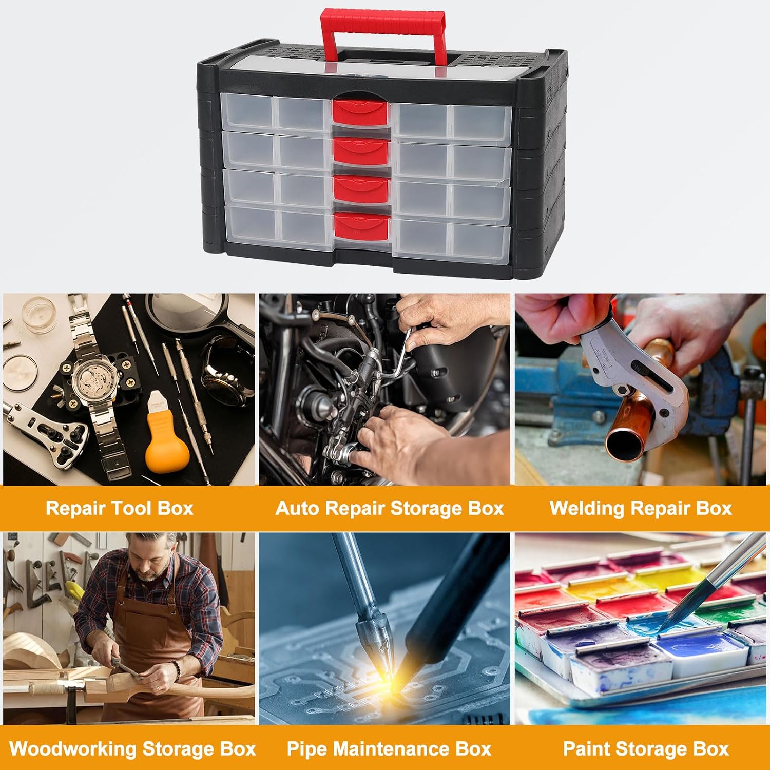 HARFINGTON Drawer Hardware Organizer 16.3'x8.9'x9.4' 4-Drawer 20-Compartment Tool Storage Box for Screws Nuts Nails Bolts