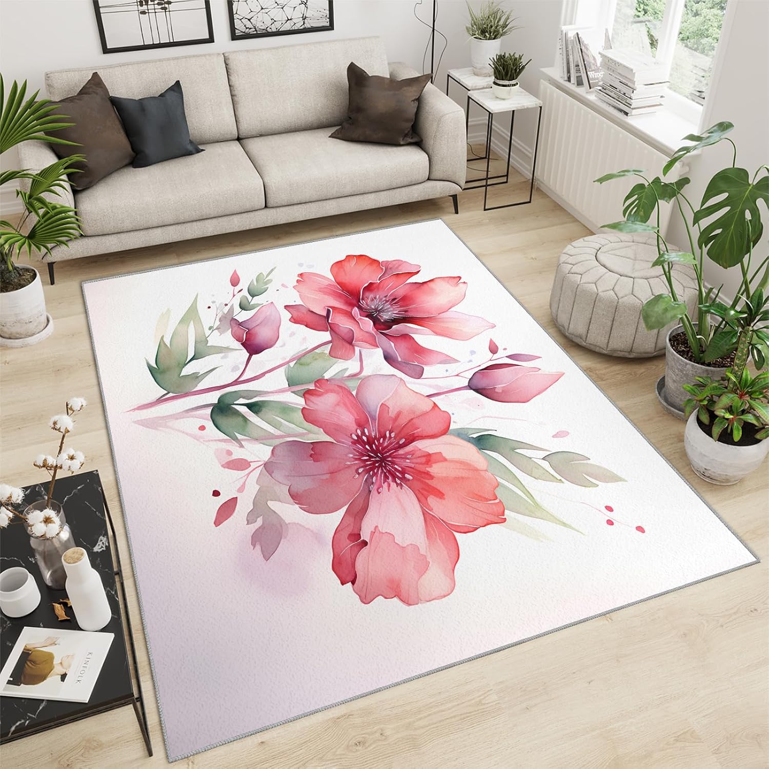Area Rug 6x8ft, Red Flowers Rugs for Living Room, Simple Plants White Bedroom Rug, Machine Washable Breathable Durable Indoor Carpet for Bedside Porch Entryway Office