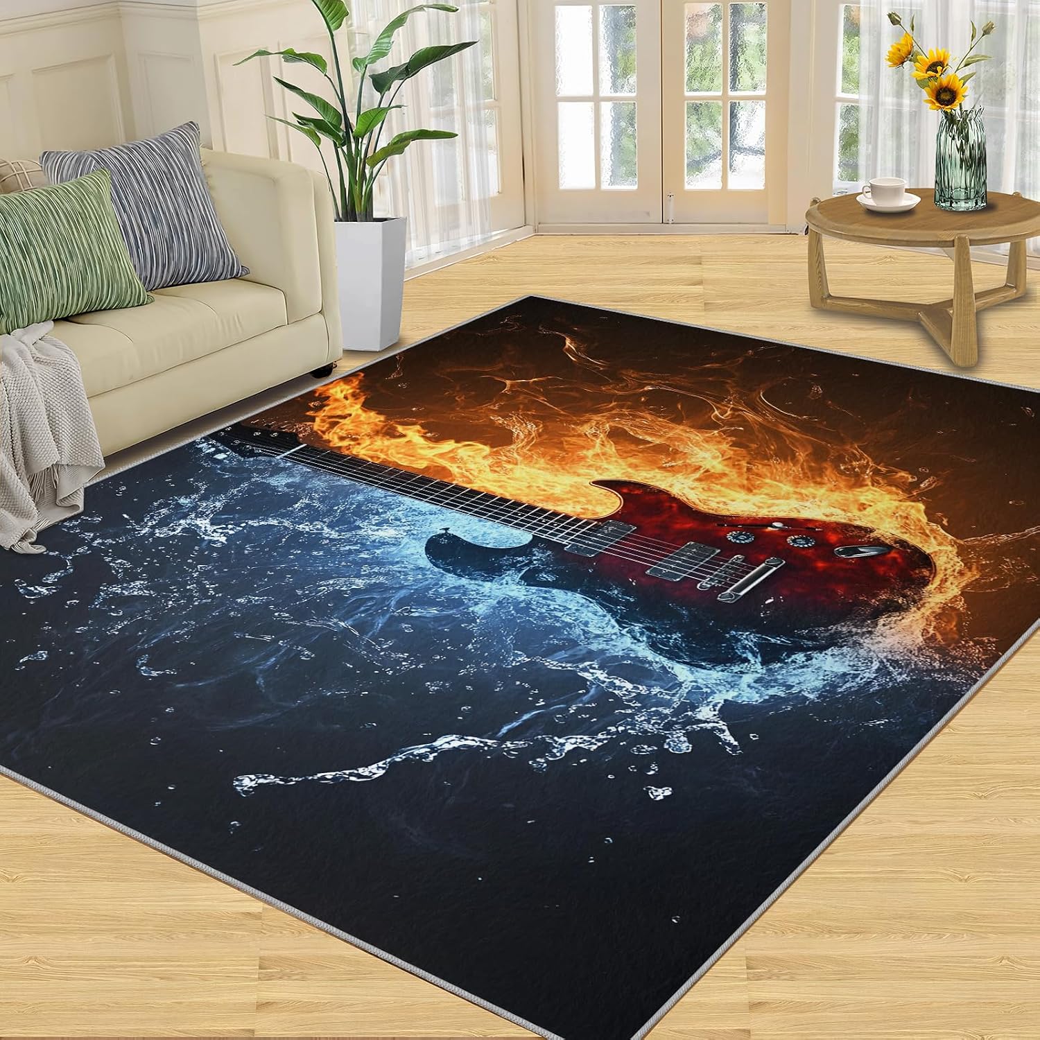 Music Rug, Electric Guitar Washable Rug, Boys Rugs for Living Room, Low Pile & Non Slip, Indoor Carpet, 5x7 Area Rugs & Bedroom Decor