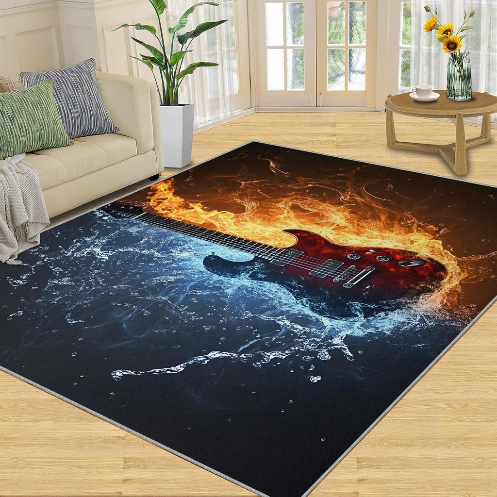 Music Rugs for Bedroom, Electric Guitar Area Rug, Boys Rugs for Living Room, 6x8 Washable Rug Non Slip & Low Pile, Indoor Carpet & Home Decor