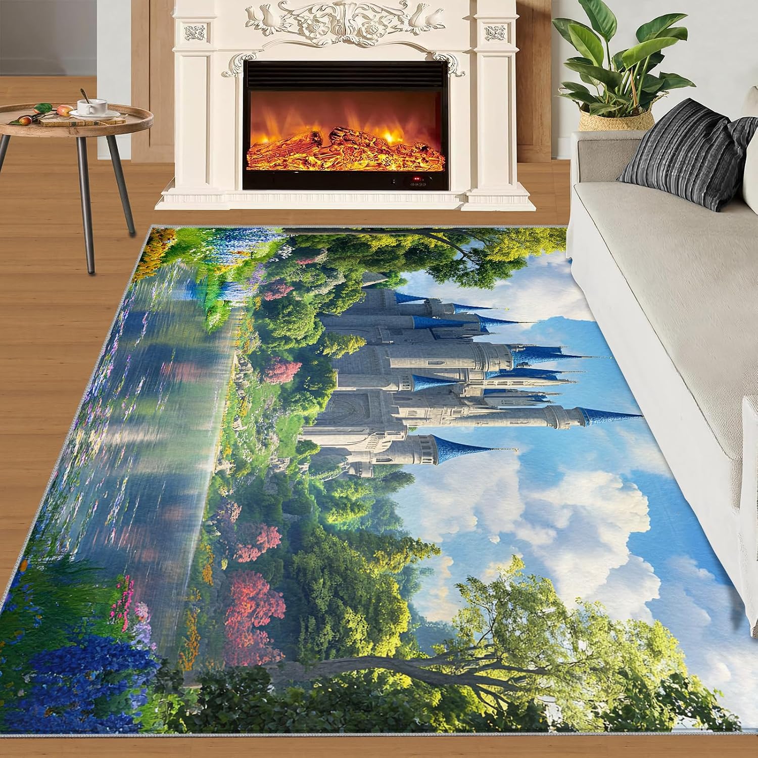 Castle Rug - 6x8 Rug, Nature Landscape Area Rugs for Bedroom, Green Forest Rugs for Living Room, Natural Scenery Washable Carpet, Landscape Home Decor & Gifts