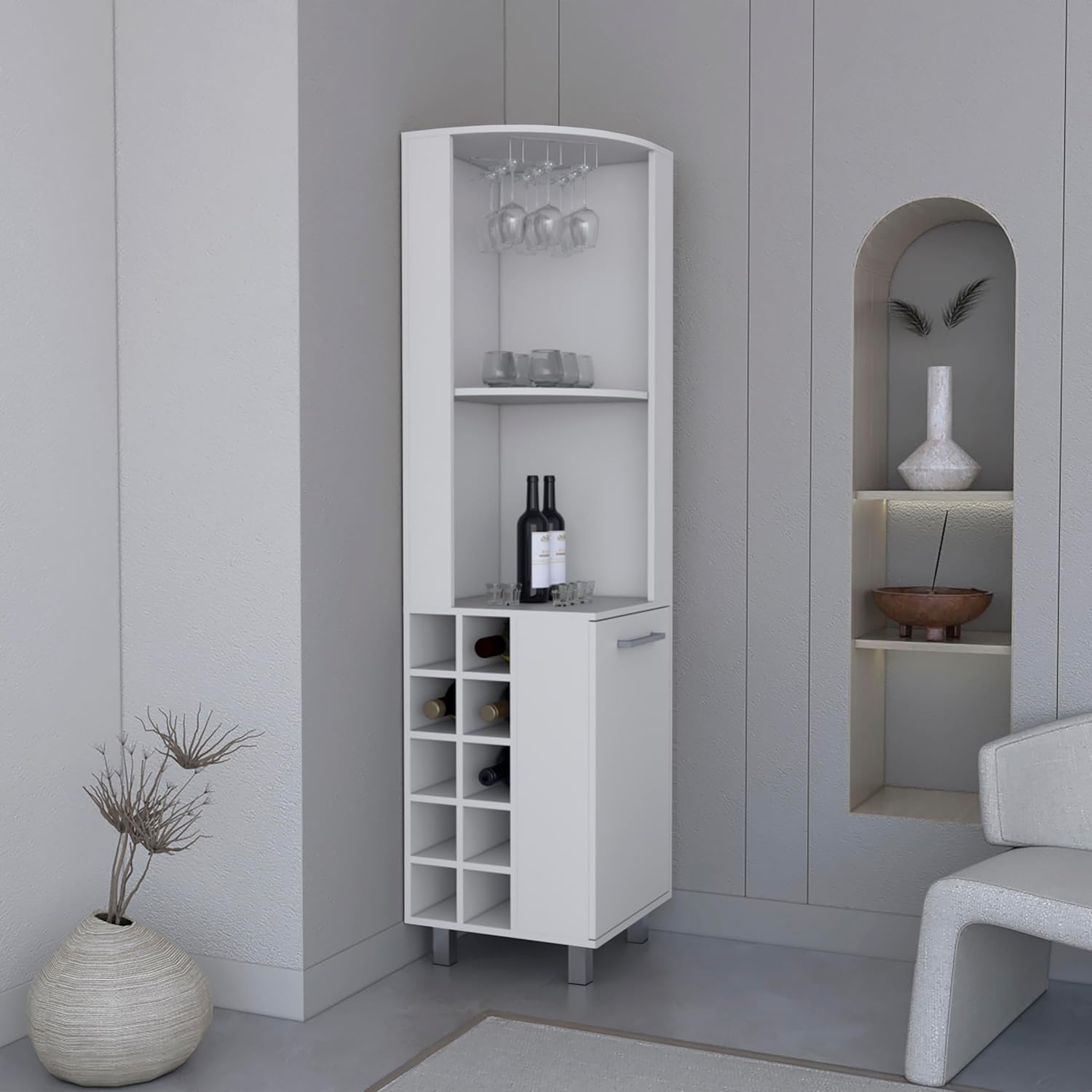 71' Freestanding Storage Cabinet, Kitchen Storage Bakers Rack with Wine Cubbies, Utility Food Cupboard with Stemware Racks for Dining, White