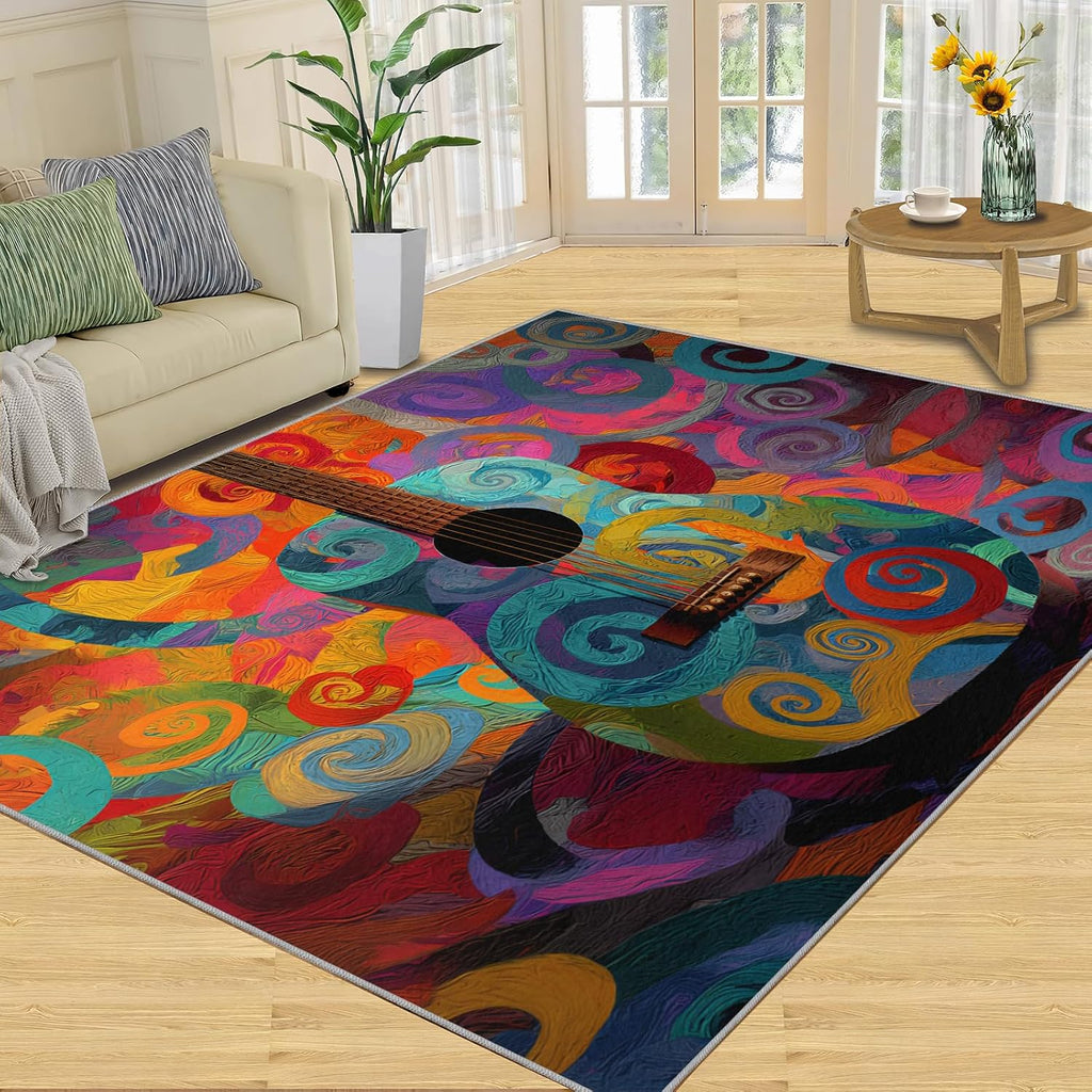 Guitar Rugs for Music Room - Boys Musical Rug, 6x8 Rug, Music Washable Rugs for Living Room Bedroom, Colored Swirl Area Rug, Rock and Roll Carpet - Home Decor, Electric Guitars Gifts for Men
