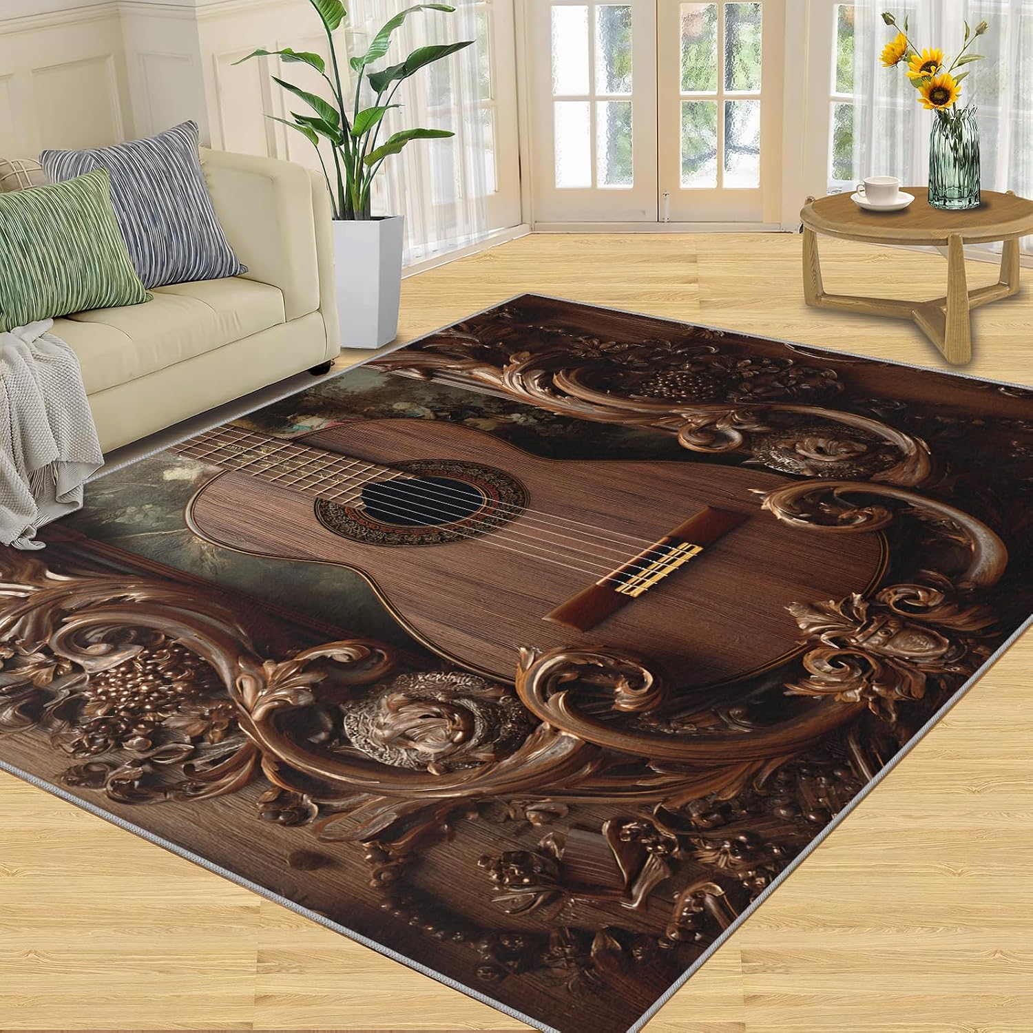 Guitar Area Rug - Musical Instrument Guitar Home Decor Rug - Music Bedroom Rugs, Indoor Non Slip Carpet for Music Classroom Studio Band 6x8ft