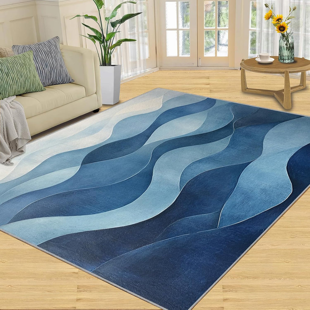 Geometry Rug 6x8, Abstract Rugs for Bedroom, Blue Geometry Area Rug, Home Decor Rugs for Living Room, Non-Slip Machine Washable Carpet