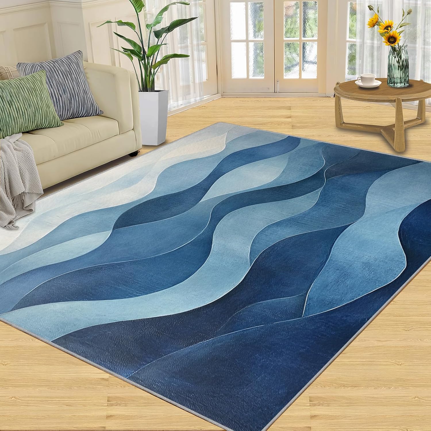 Geometry Rug 6x8, Abstract Rugs for Bedroom, Blue Geometry Area Rug, Home Decor Rugs for Living Room, Non-Slip Machine Washable Carpet