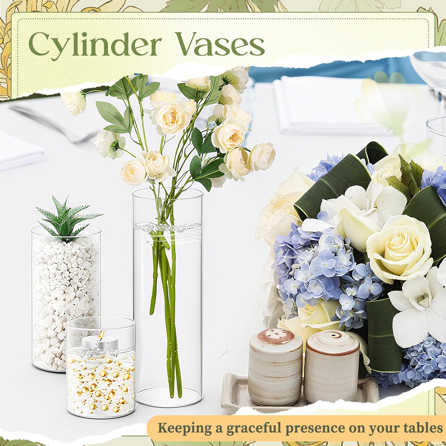 Nuogo 60 Pcs Plastic Cylinder Vases Tall Plastic Flower Vases for Centerpieces Hurricane Candle Holder for Home Wedding Office Party Formal Dinners Decorations (4''/6''/8'')
