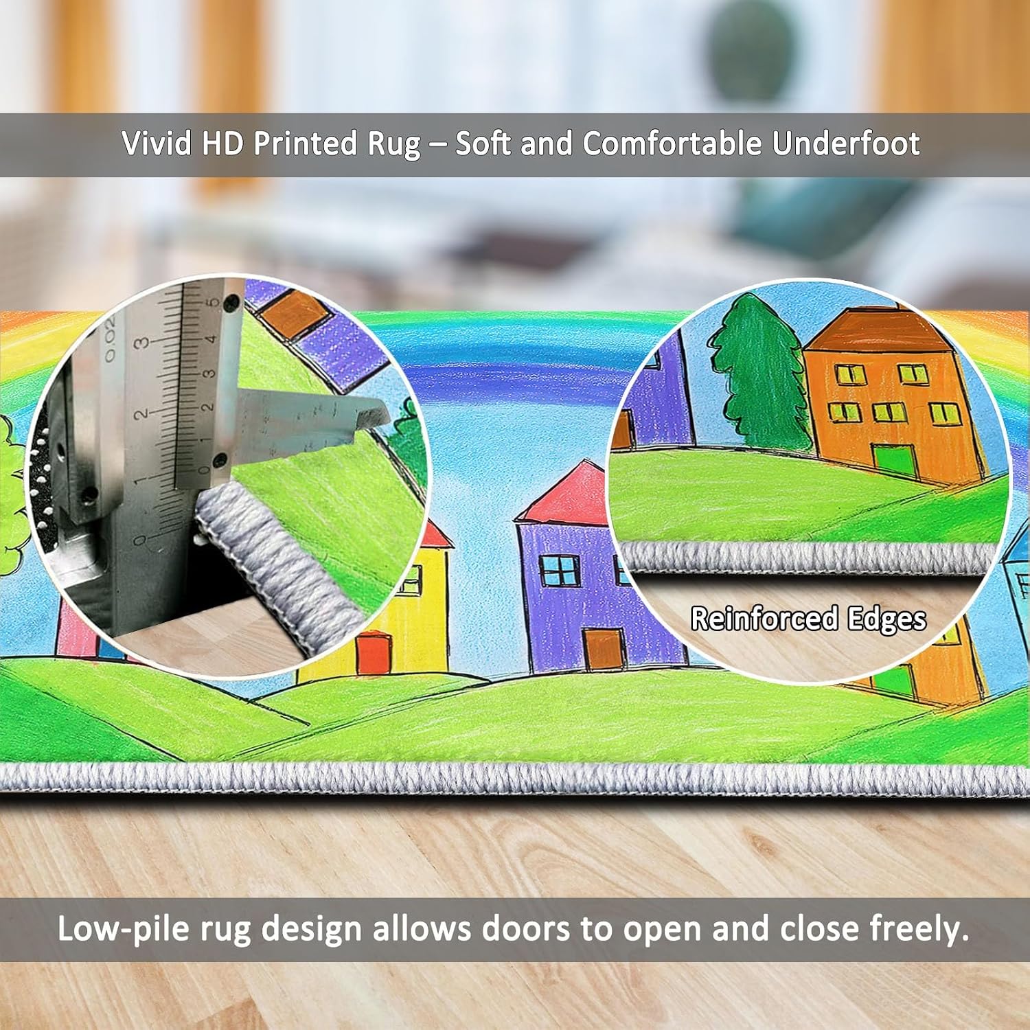 Machine Washable Area Rug 5 x 7 ft for Living Room, Cartoon Non-Slip Carpet Bedroom Rugs - Rainbow Green Trees Houses Cars Low-Pile Print Carpets for Bedroom Home Office Dining Room
