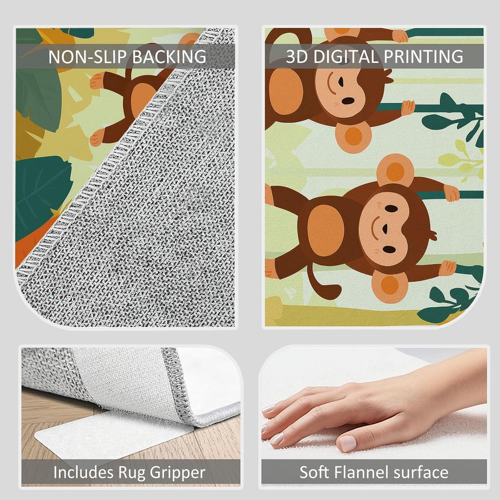 Cartoon Plants Leaves Monkey Print Area Rug 5 x 7 ft Washable, Orange Non-Slip Floor Mat - Soft Low-Plie Faux Wool Carpet for Bedroom Living Room Kitchen Entryway Pet Friendly Rug